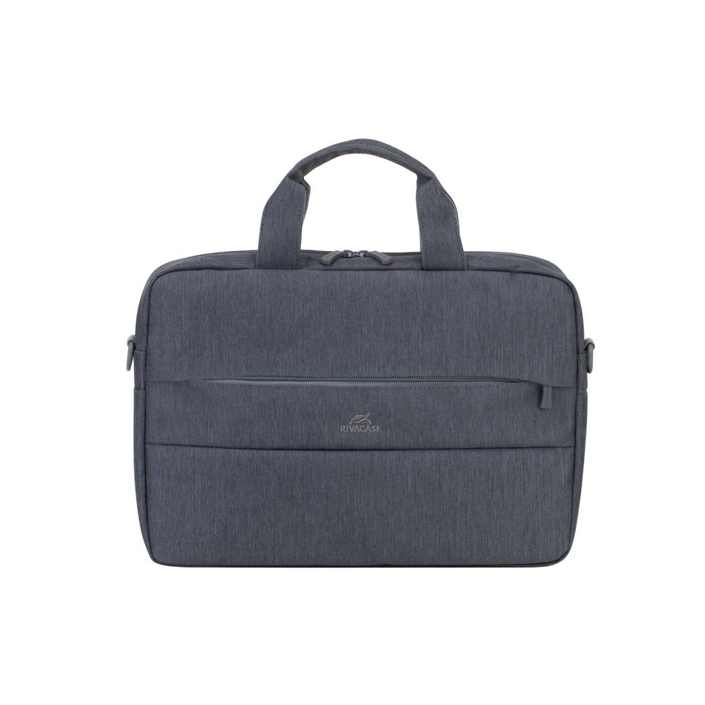 Borsa porta computer grigio scuro con due manici e scomparti con zip.