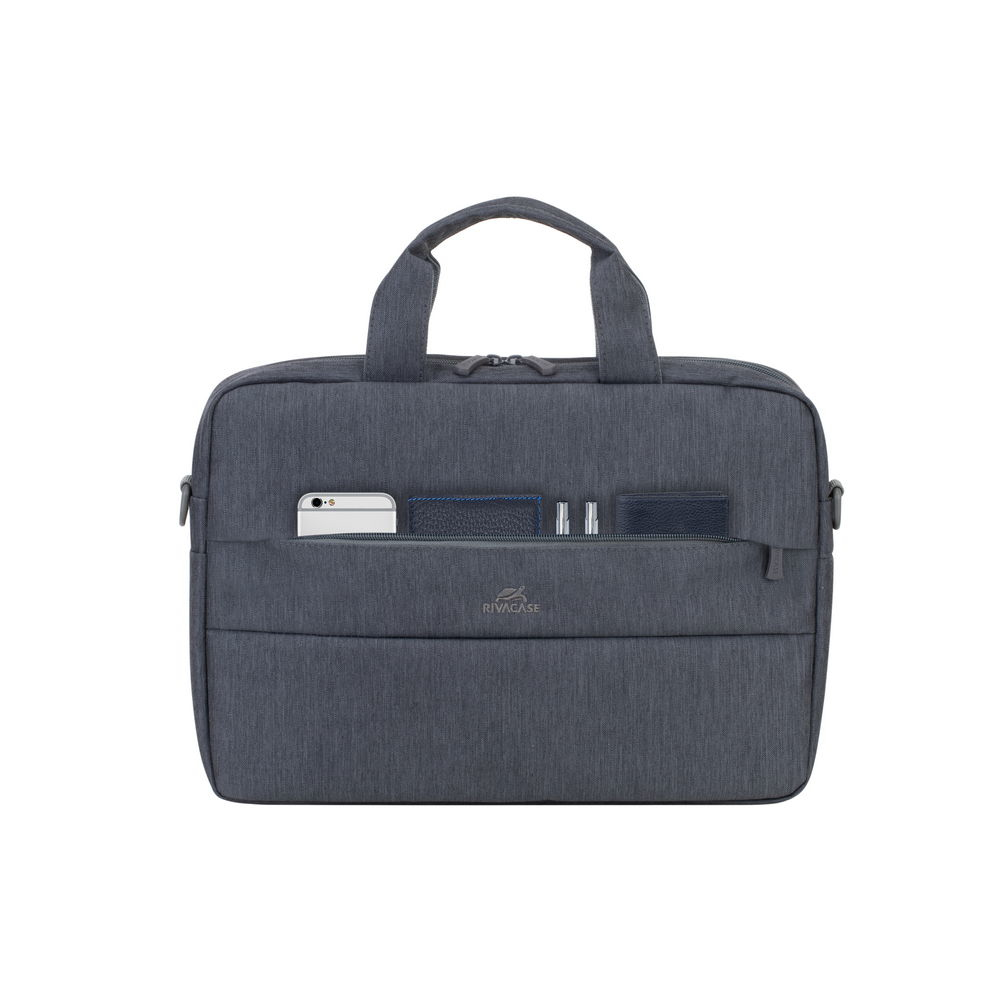 Una borsa messenger grigio scuro con tasche che contengono telefono, portafoglio e penne.