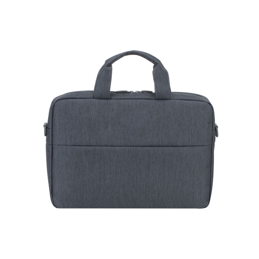 Borsa grigia per laptop con due manici e chiusura a zip.