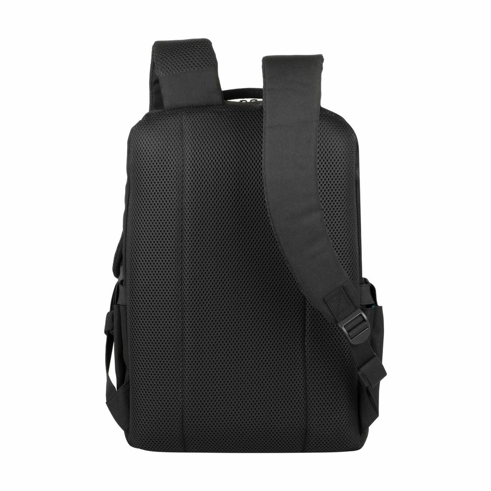 Schwarzer Rucksack mit gepolsterten Trägern und Netzrücken, von hinten gezeigt.