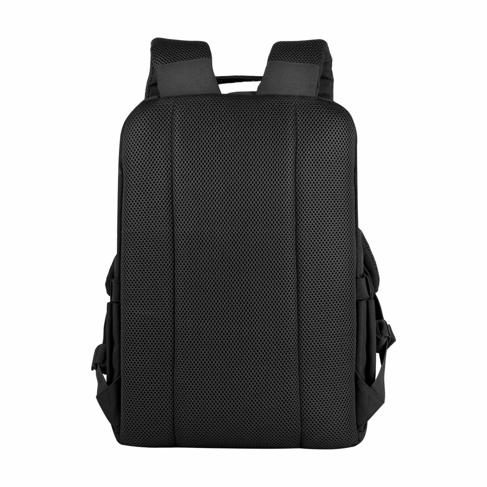 Rückansicht eines schwarzen Rucksacks mit gepolsterten Schultergurten und Netzrücken.