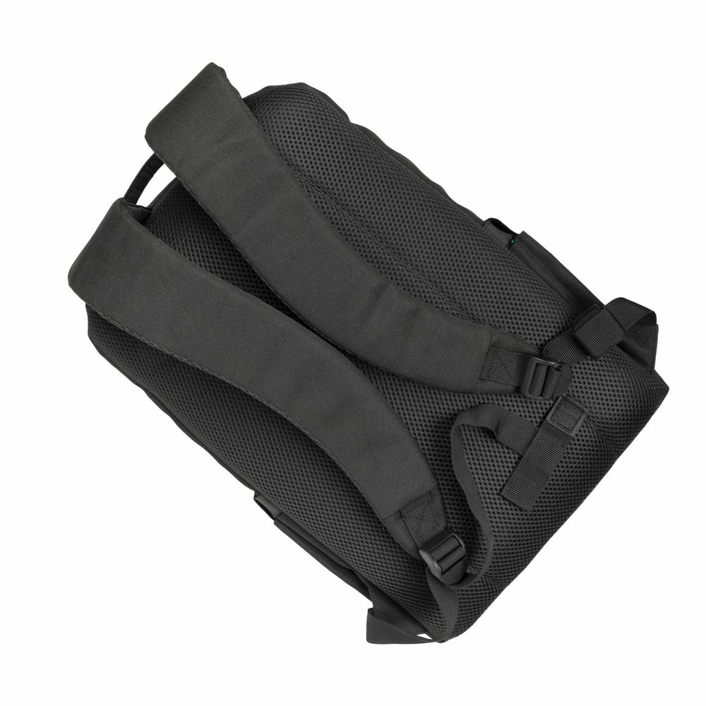 Schwarzer Rucksack mit gepolsterten Schultergurten und Netzrücken.