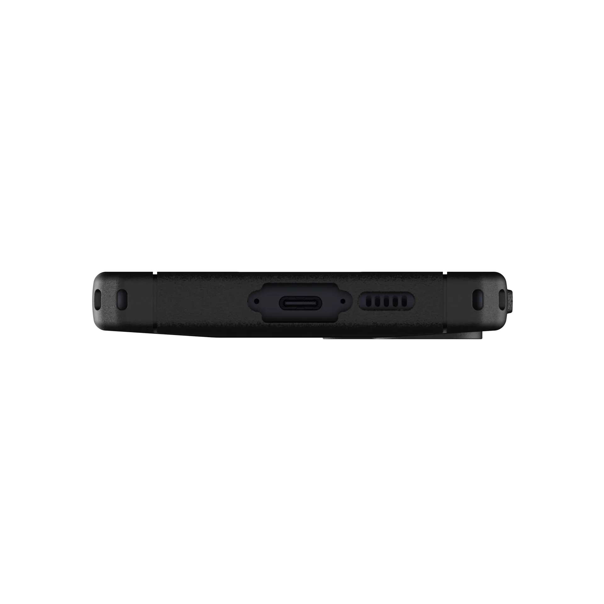 Zwarte telefoonhoes met USB-C-poort en luidsprekergrill.