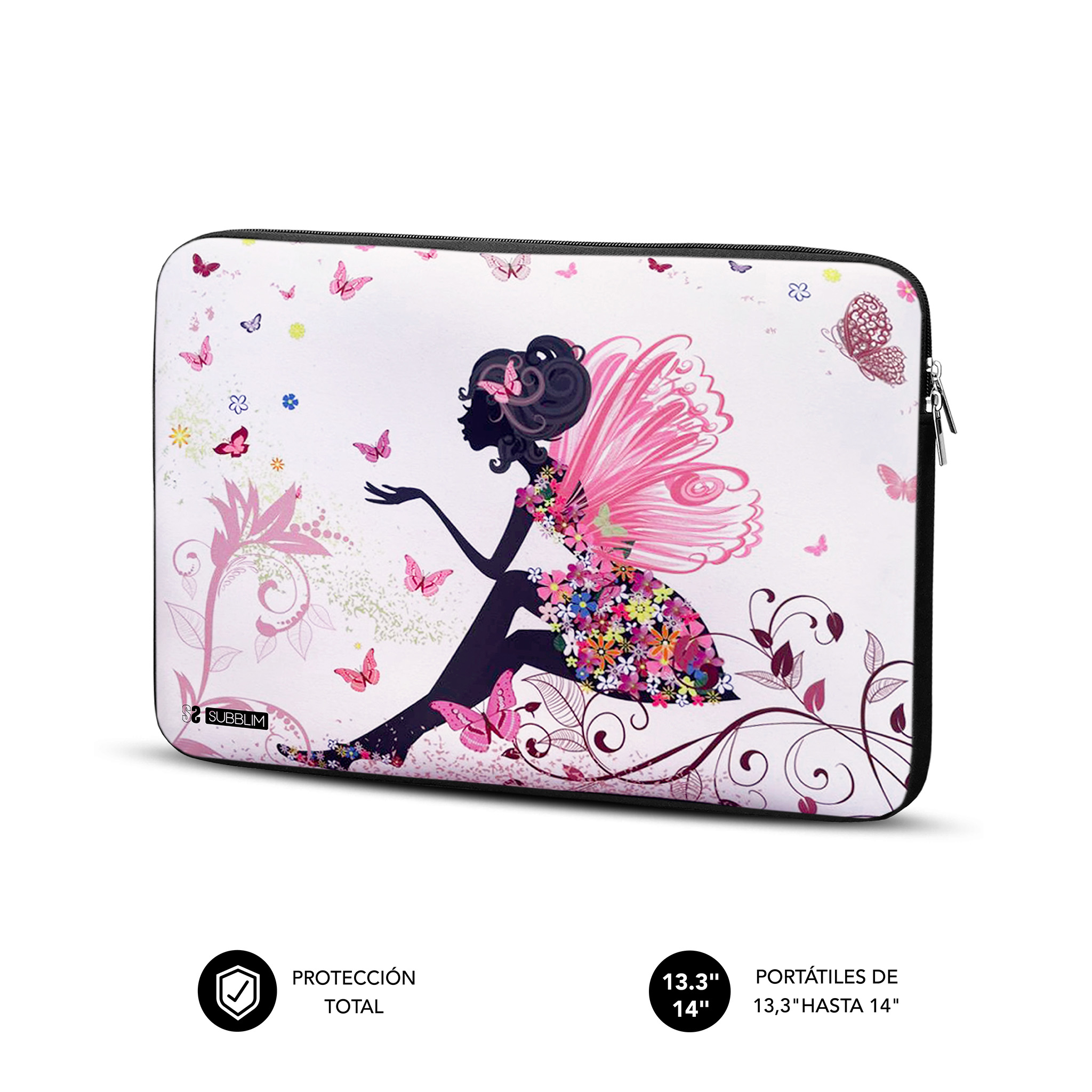 Custodia per laptop con design di fata e farfalle.