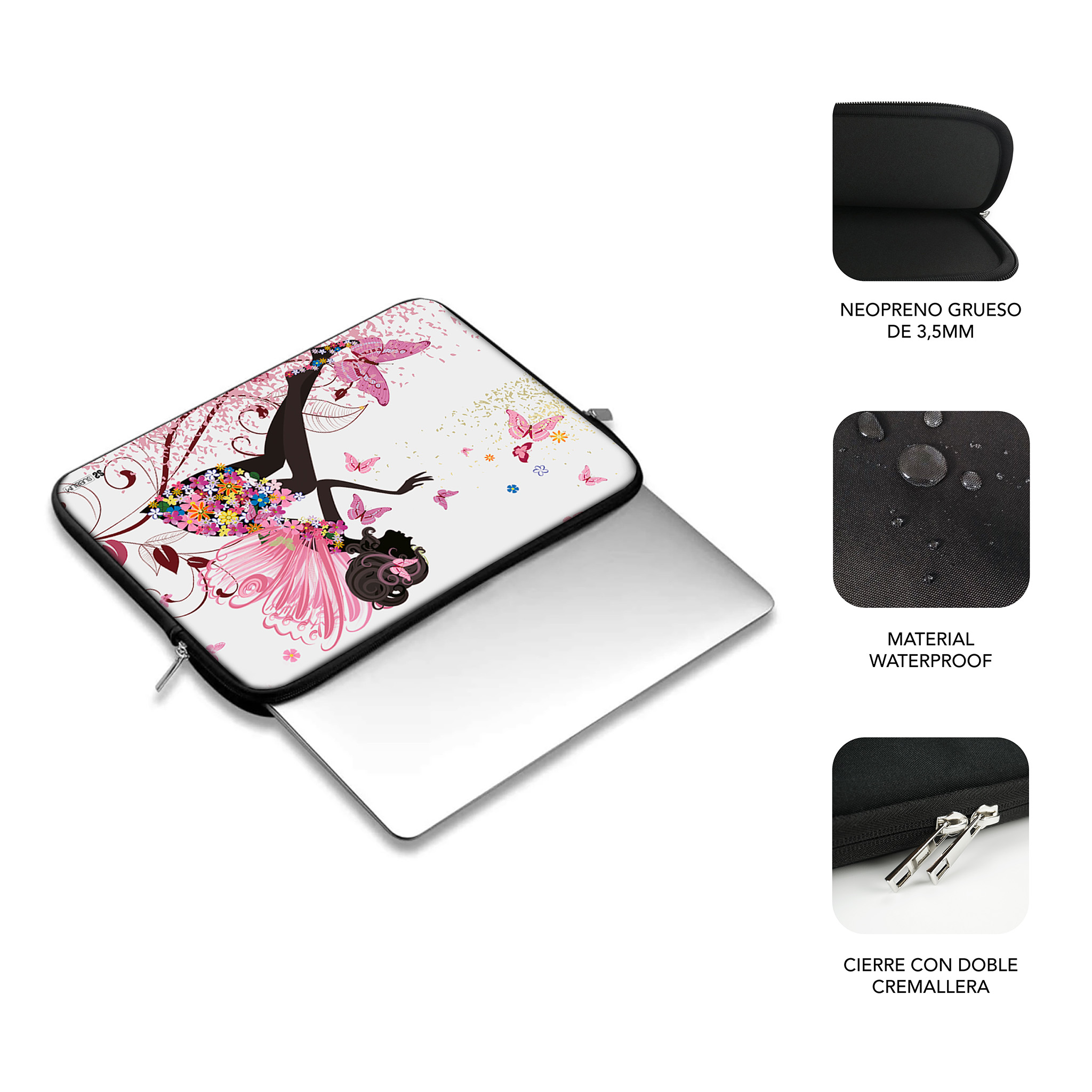 Custodia per laptop con donna in abito rosa, farfalle e fiori.