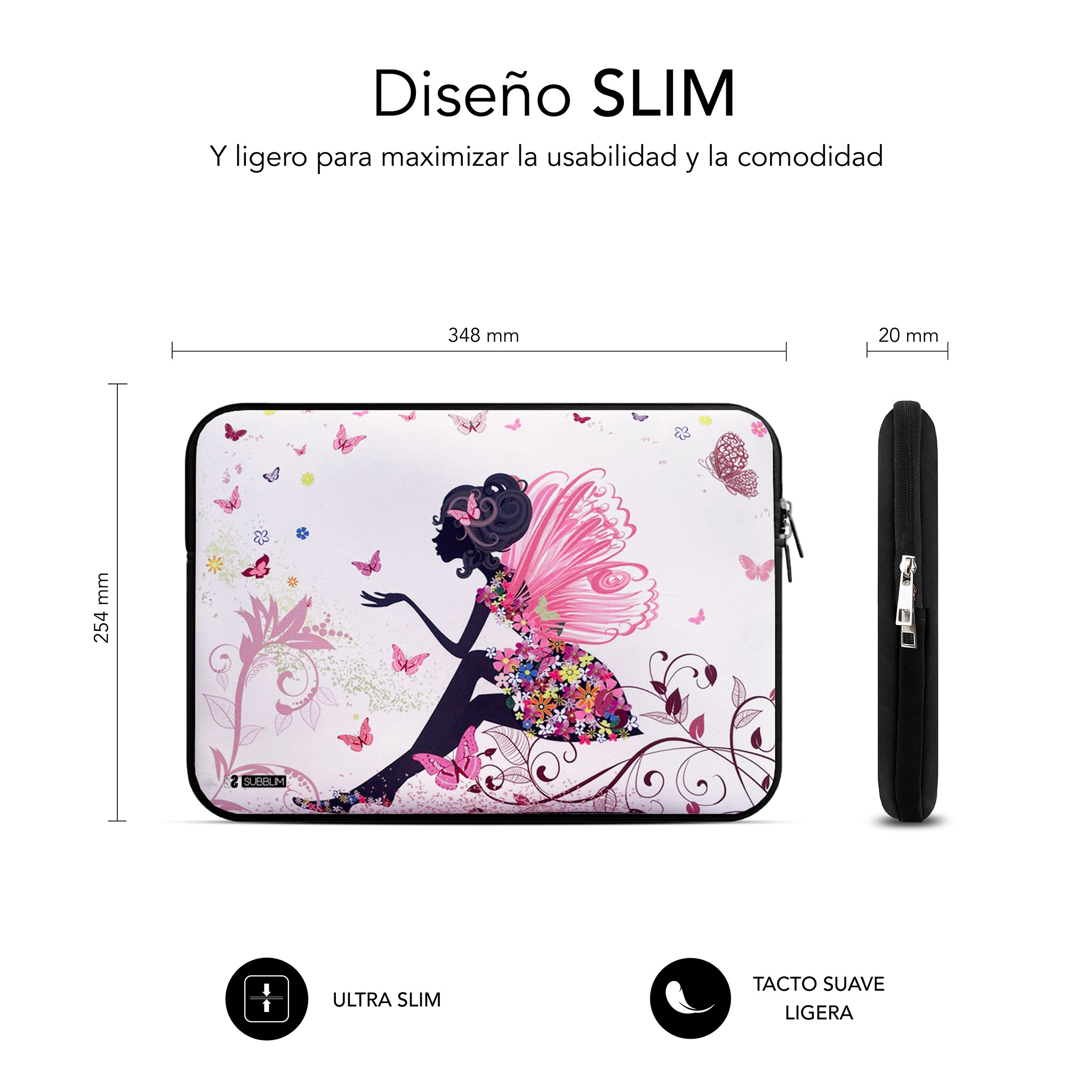 Custodia nera per laptop con disegno fata e farfalle, dimensioni 348x254mm.
