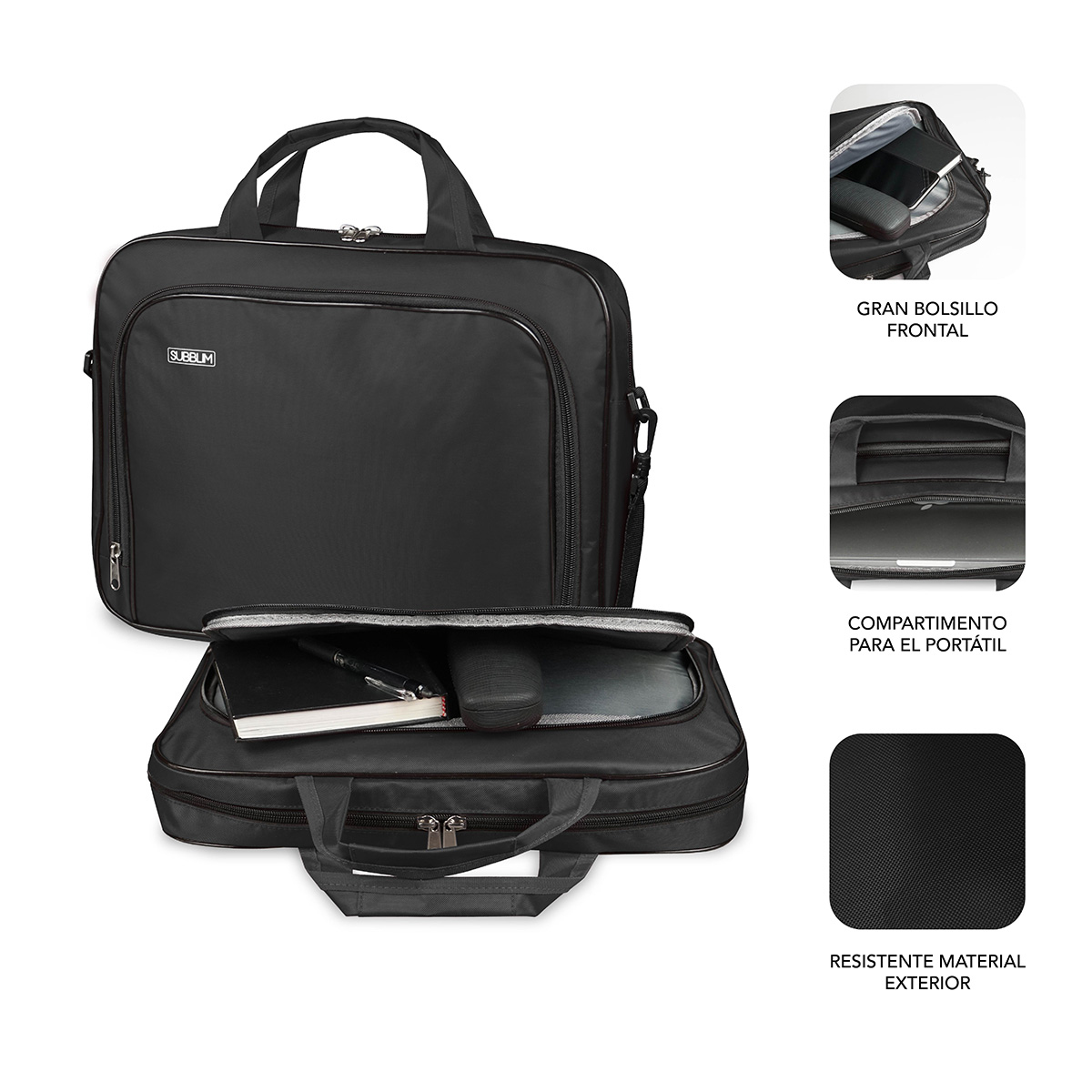 Borsa nera per laptop, aperta, con taccuino e penna nello scomparto.
