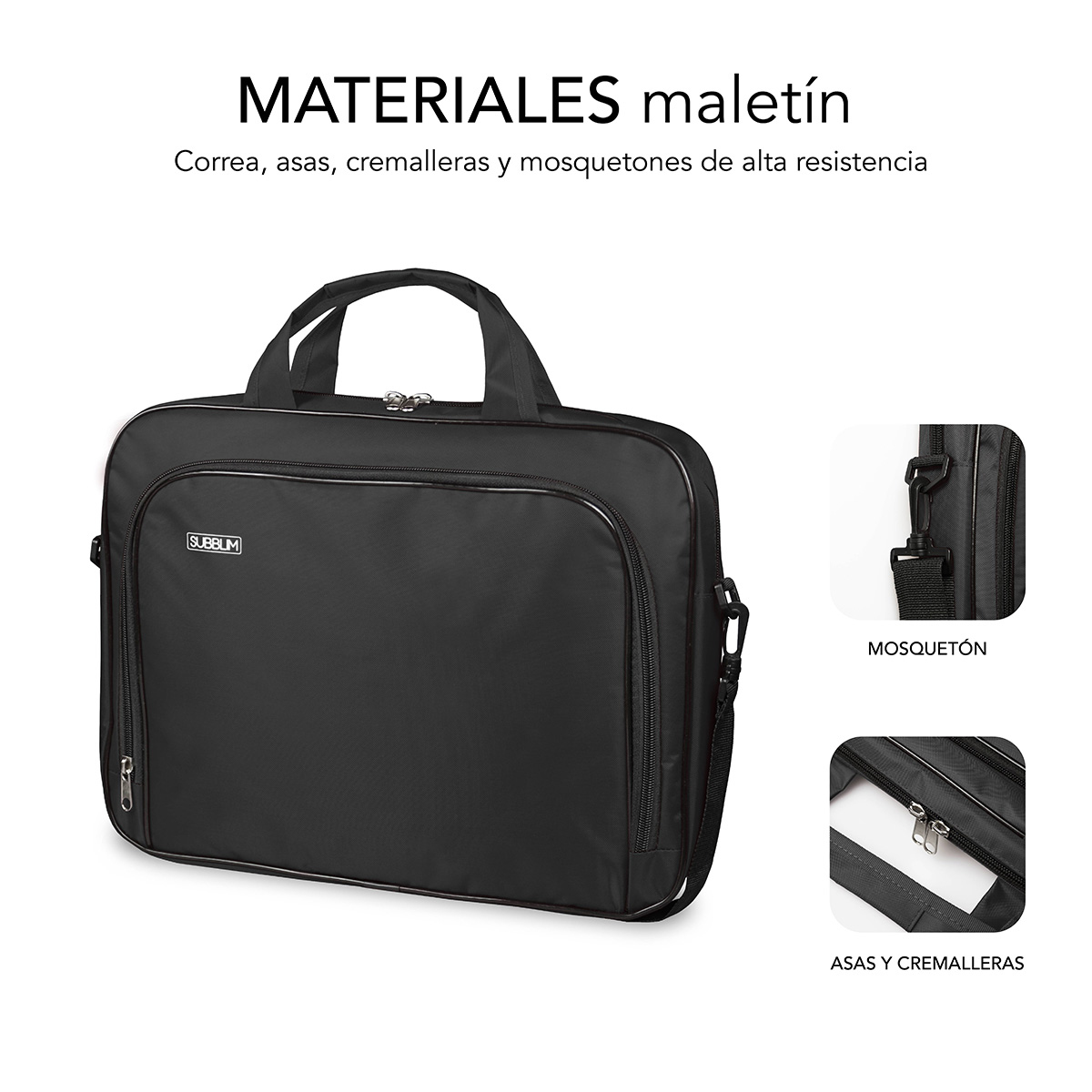 Borsa nera con manici, cerniere e moschettone.
