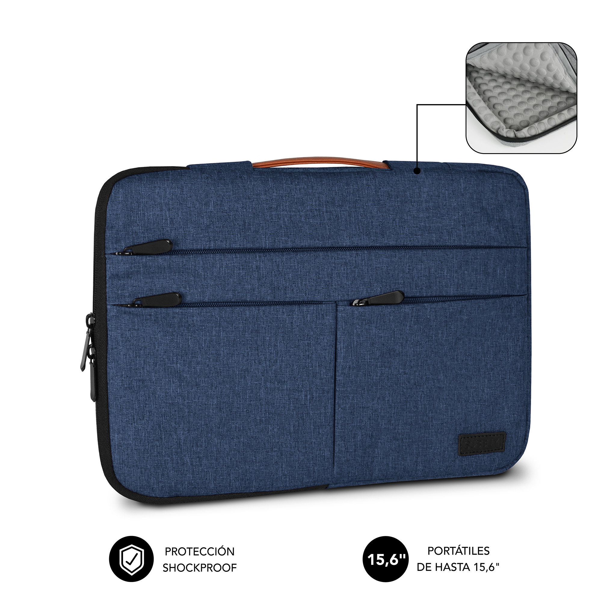 Funda azul para portátil con asa de cuero, dos cremalleras frontales y vista detallada.