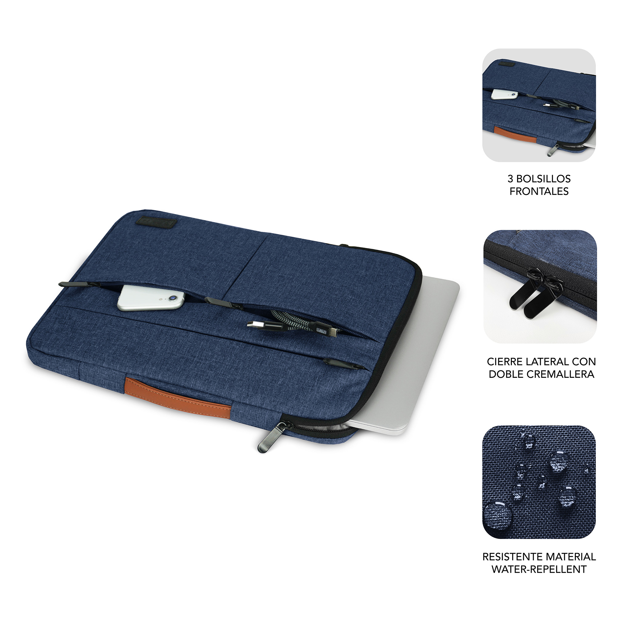 Funda azul para portátil con bolsillos frontales, cremallera y asa de cuero. Repelente al agua.