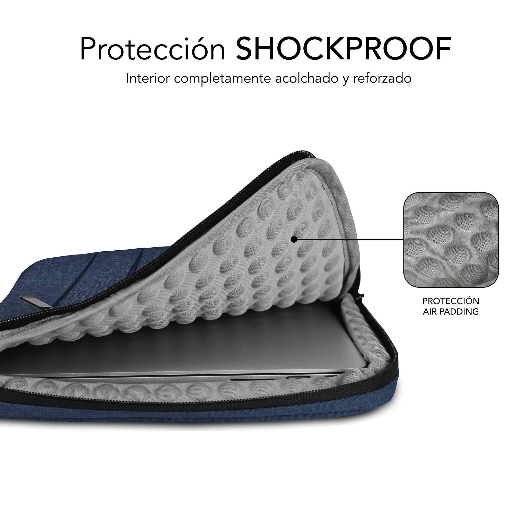 Una funda azul para portátil con interior acolchado, que contiene un portátil.