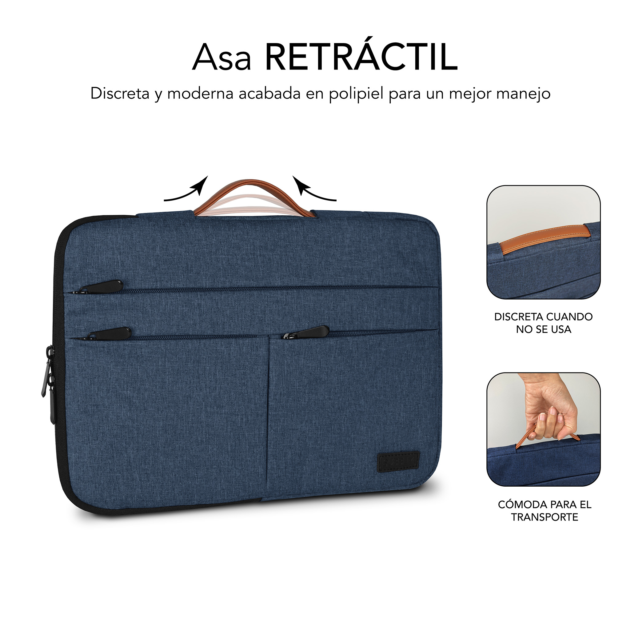 Funda azul marino para portátil con asa retráctil y bolsillos.