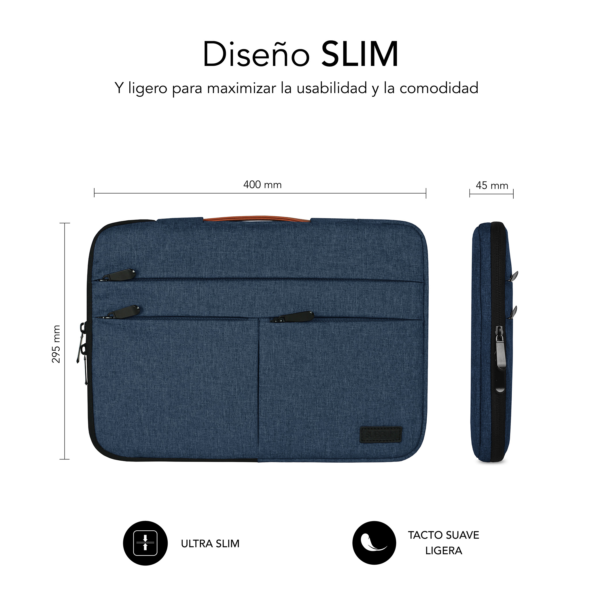 Funda azul marino para portátil con cremalleras, mide 400x295x45 mm.