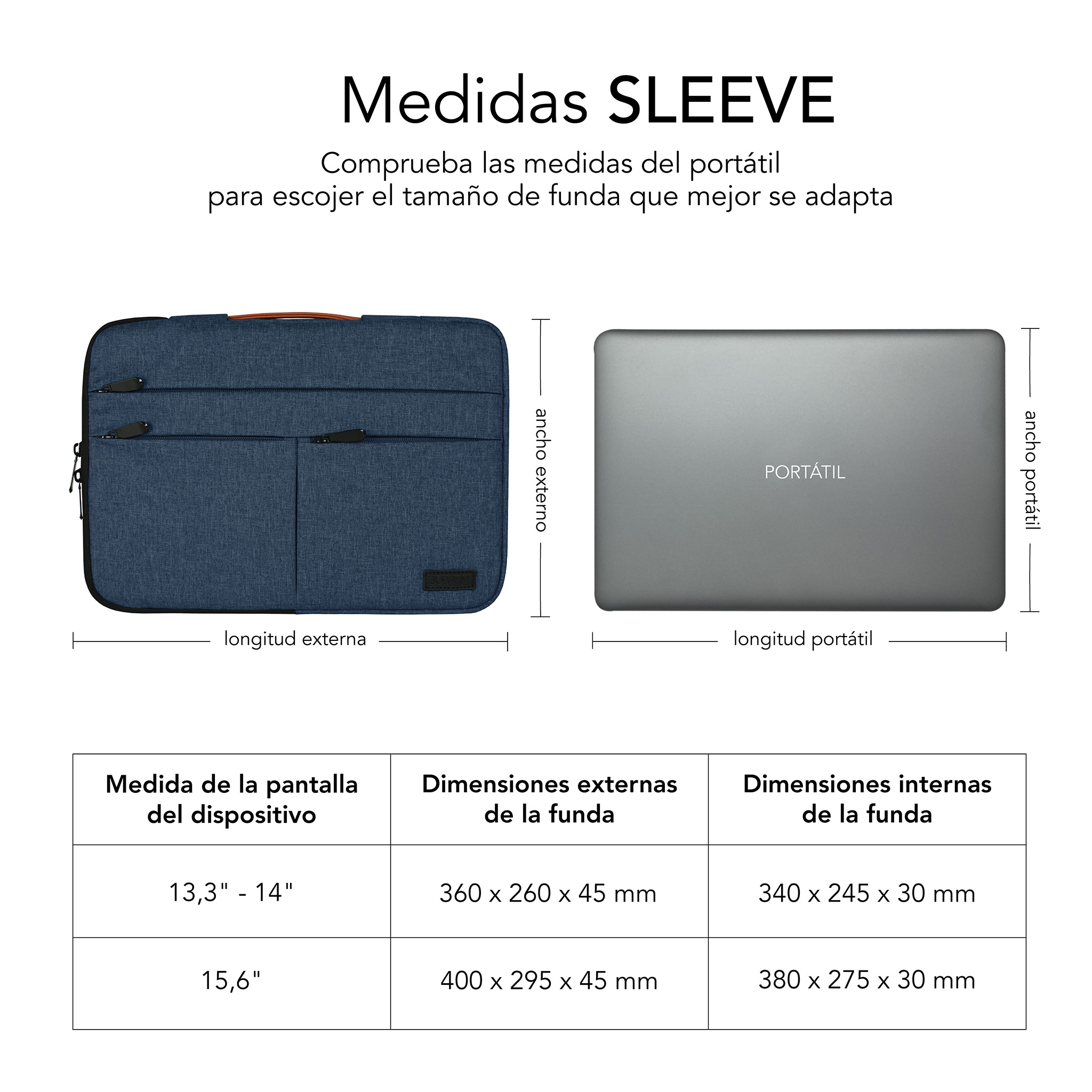 Ilustración de medidas de funda para portátil con tabla. Funda azul y portátil gris.