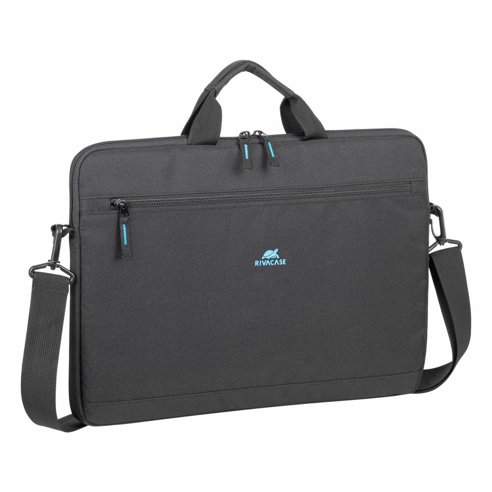 Borsa nera per laptop con manici e tracolla, logo RIVACASE visibile.