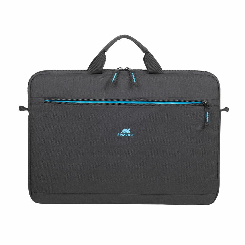 Borsa nera per laptop con cerniere e manici blu.