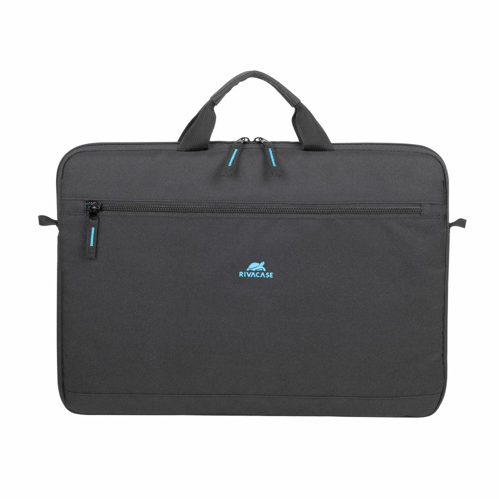 Borsa nera per laptop con due manici e tasca anteriore con cerniera.