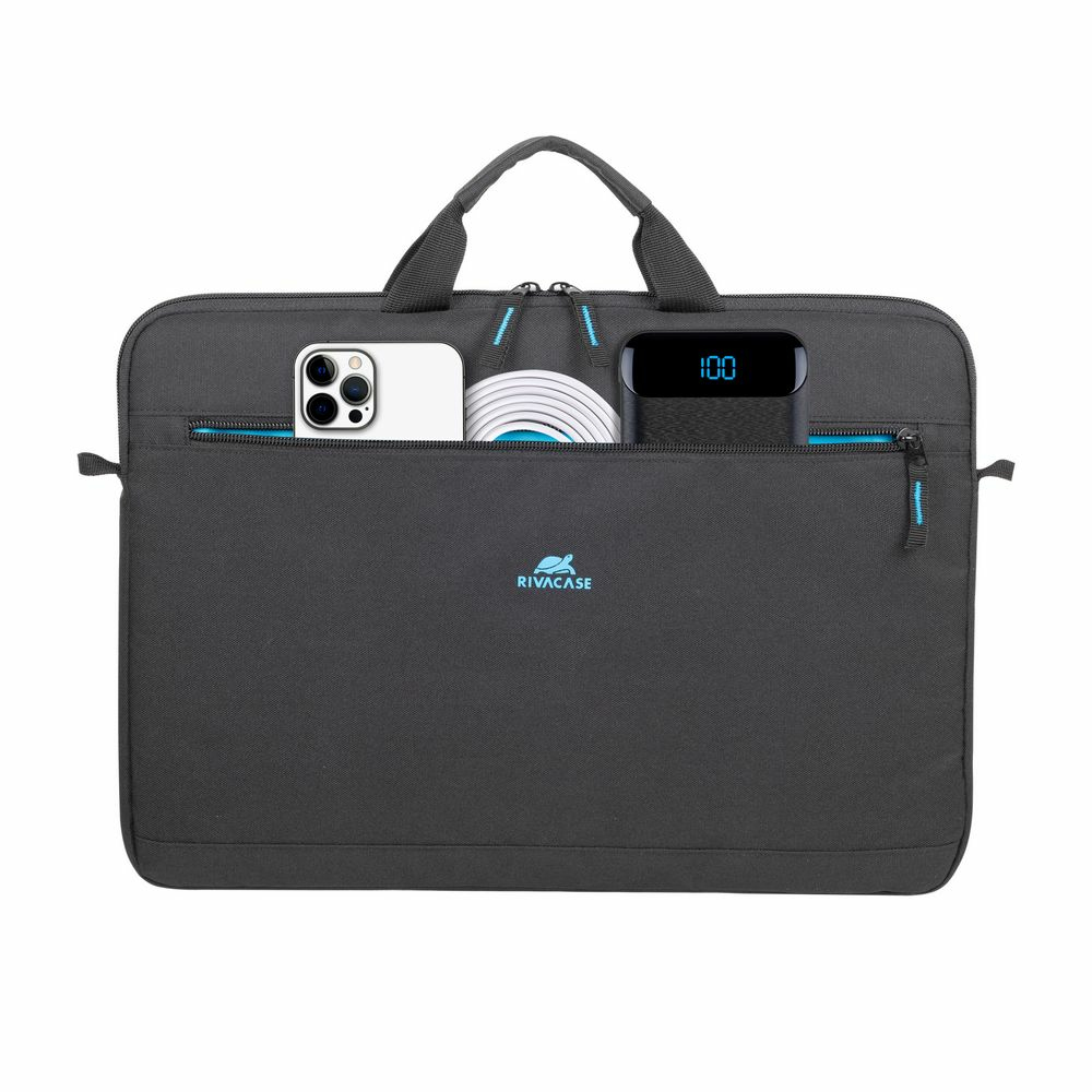 Borsa grigia scura per laptop con telefono, power bank e cavo in tasca esterna.