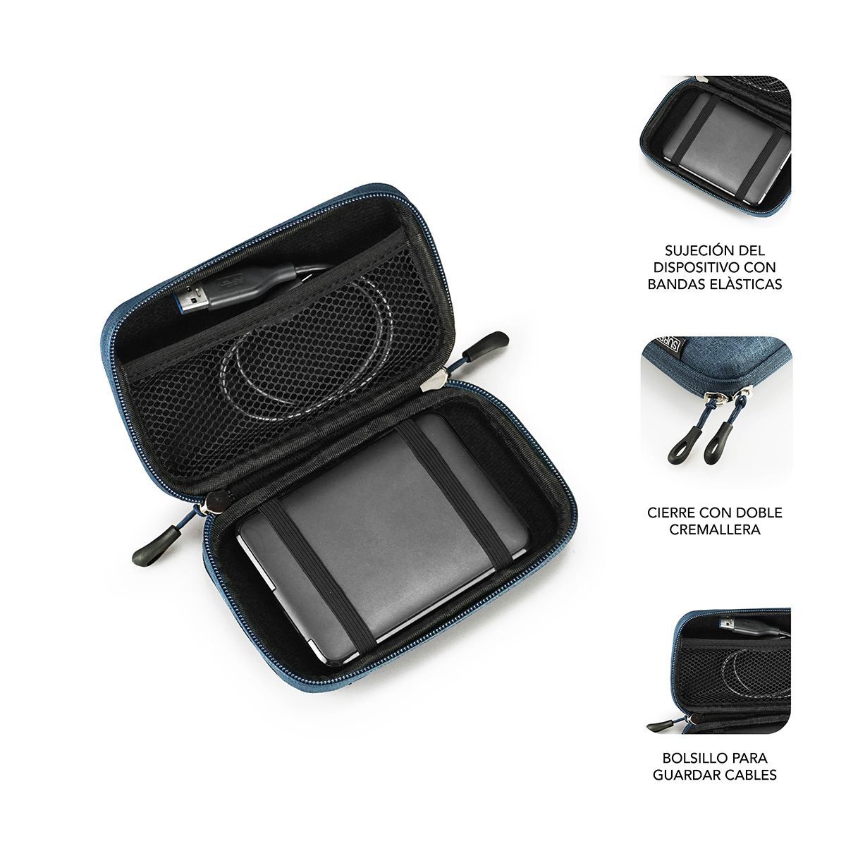 Una funda azul con un cuaderno y cables, mostrada abierta.