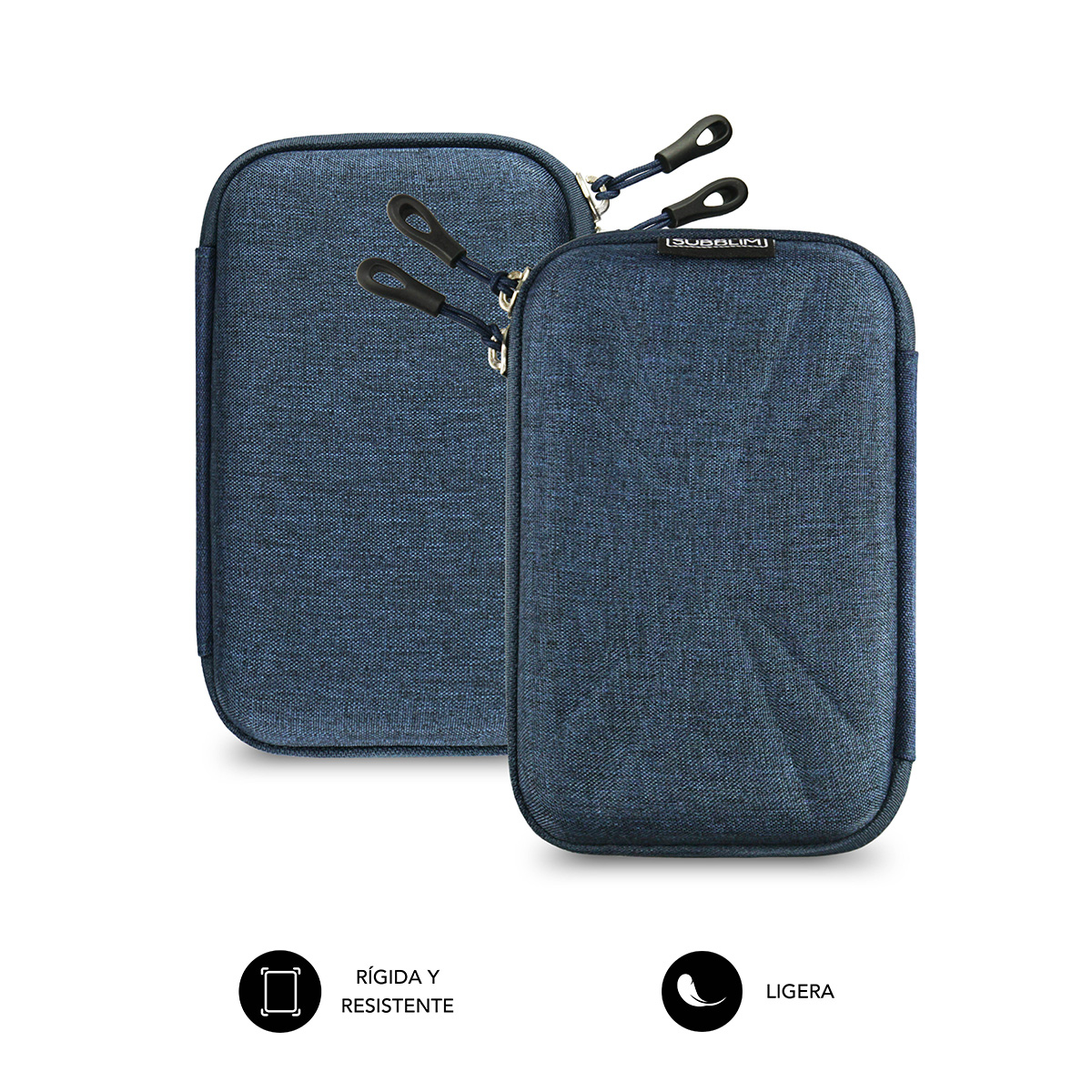 Dos bolsas de tela azul oscuro con cremalleras y bucles, fondo blanco.