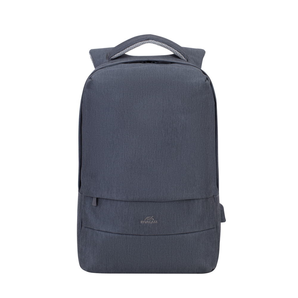 Uno zaino grigio scuro con manico superiore e tasca frontale con zip.
