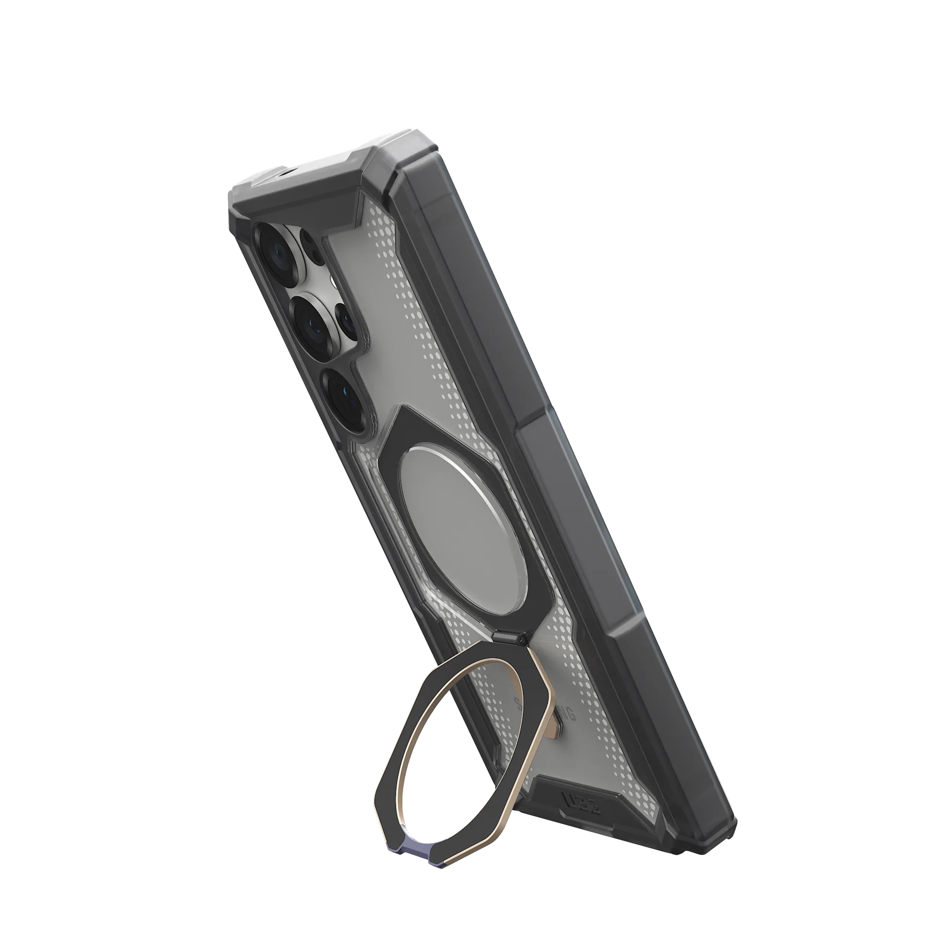 Custodia nera per telefono con anello e array di fotocamere su sfondo bianco.