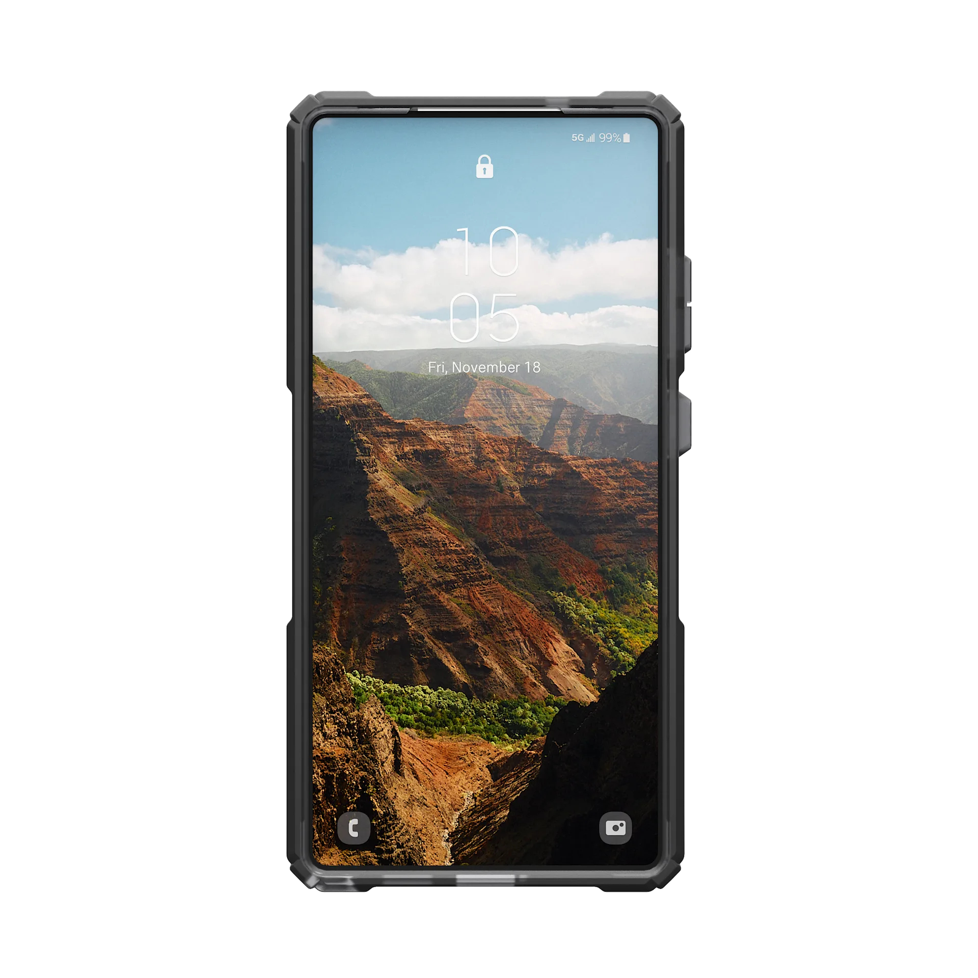 Uno smartphone con sfondo di paesaggio montano. L'ora è 10:05.