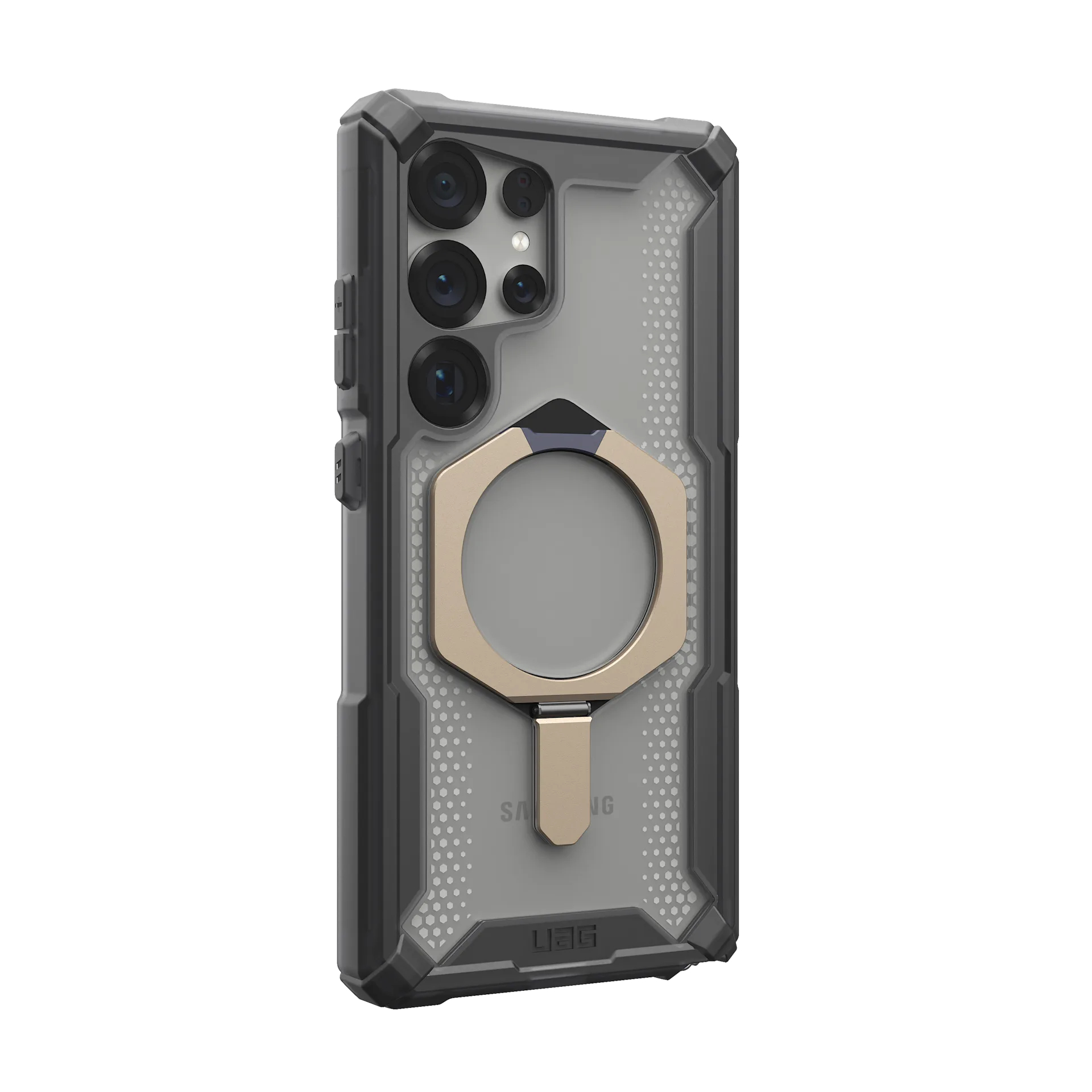 Retro di una custodia nera per telefono con anello e fotocamere. Sfondo bianco.