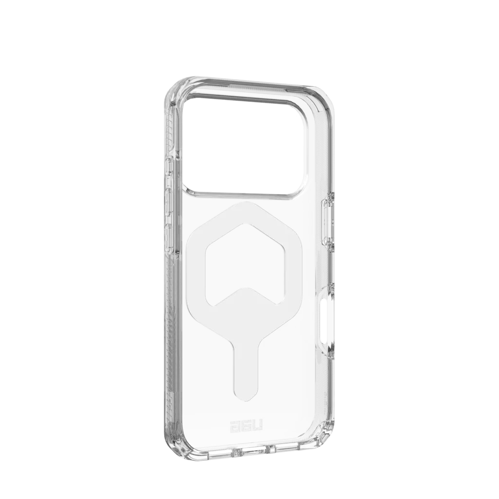 Transparente Handyhülle mit sechseckigem Muster und Kameraaussparung.