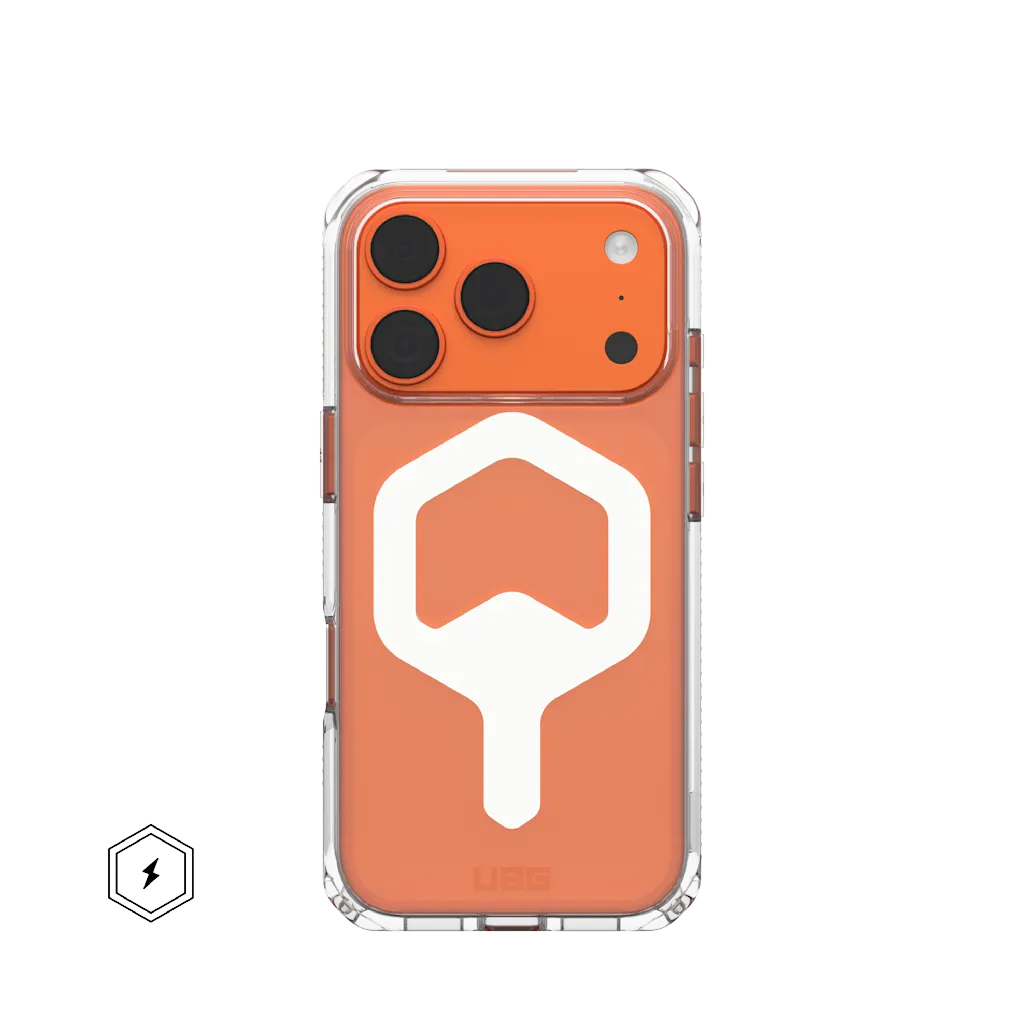 Orange iPhone Hülle mit weißem Logo und Kameraausschnitt.