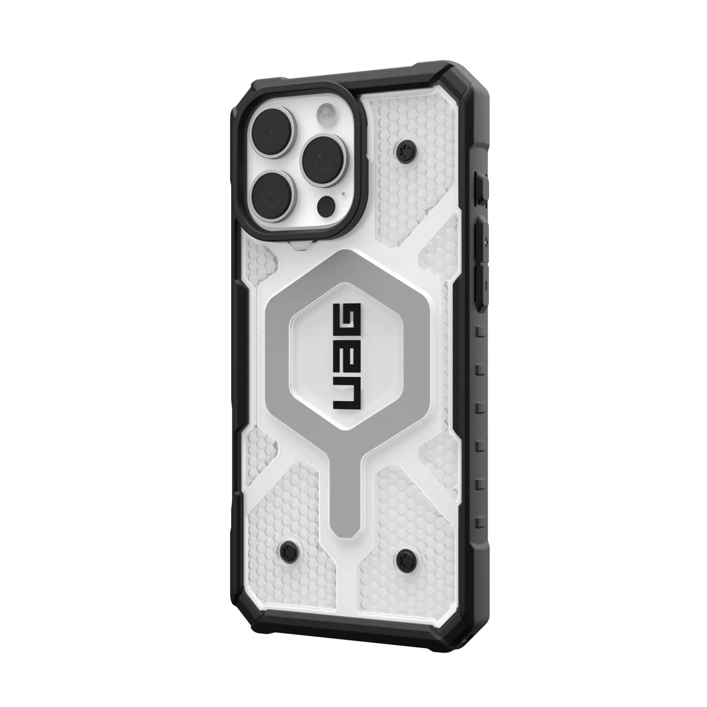 Custodia per telefono bianca e nera con motivo esagonale e logo UAG.