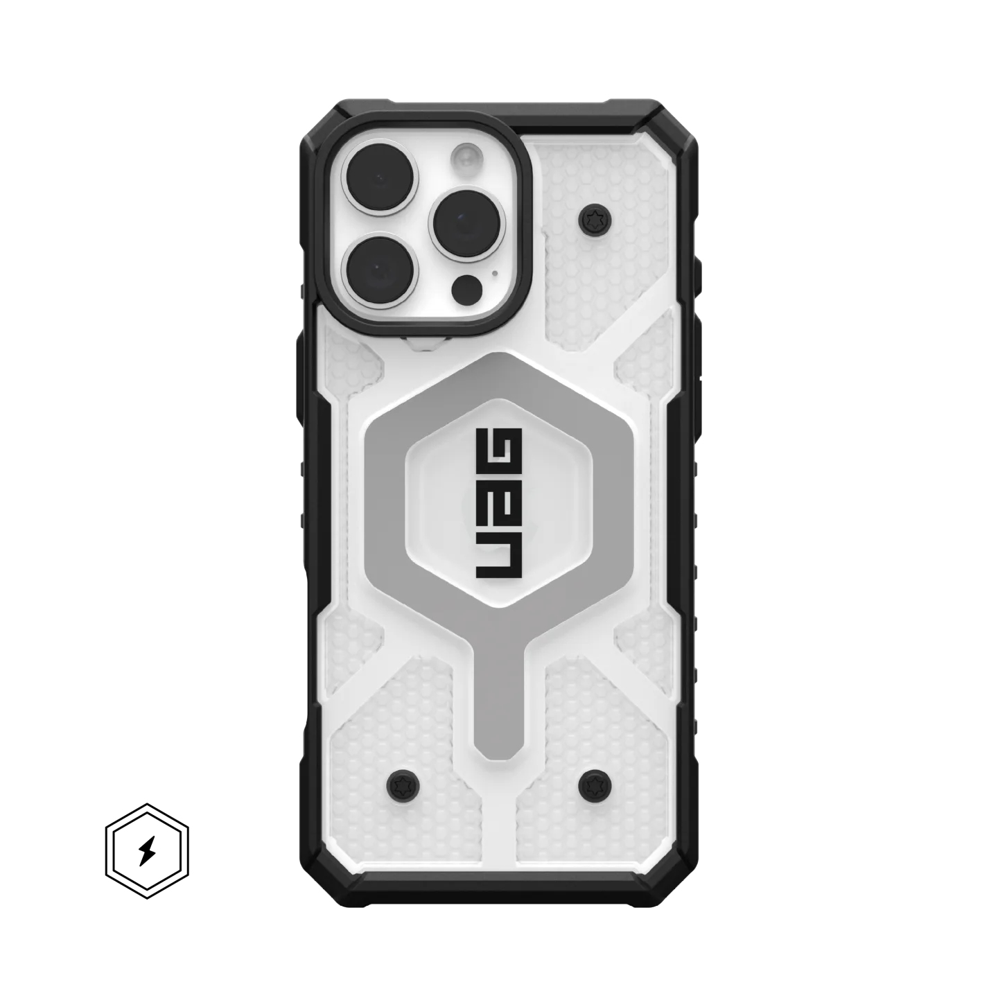 Custodia iPhone nera e bianca con tre fotocamere e logo UAG.