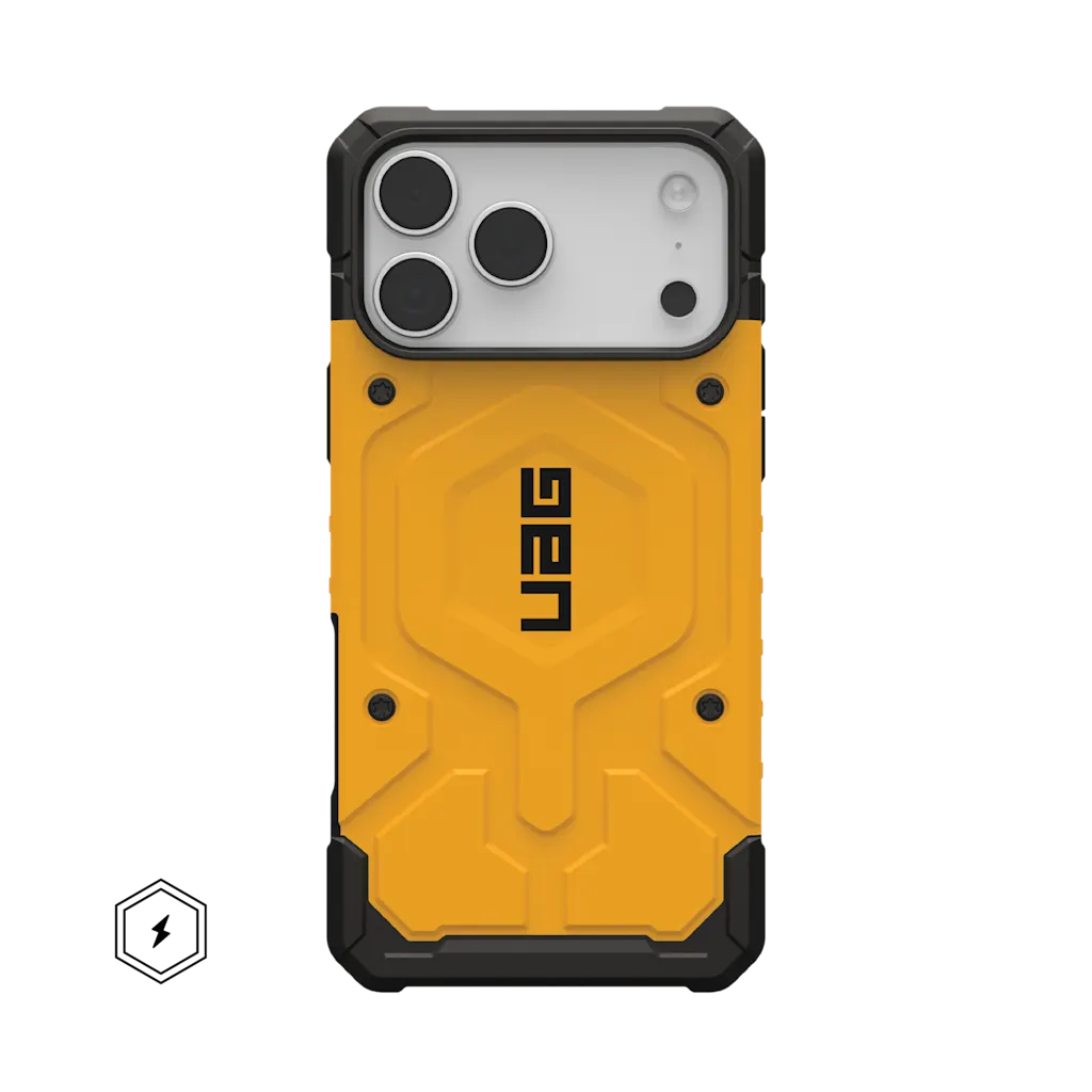 Gelbe robuste Handyhülle mit schwarzen Akzenten und UAG-Logo.