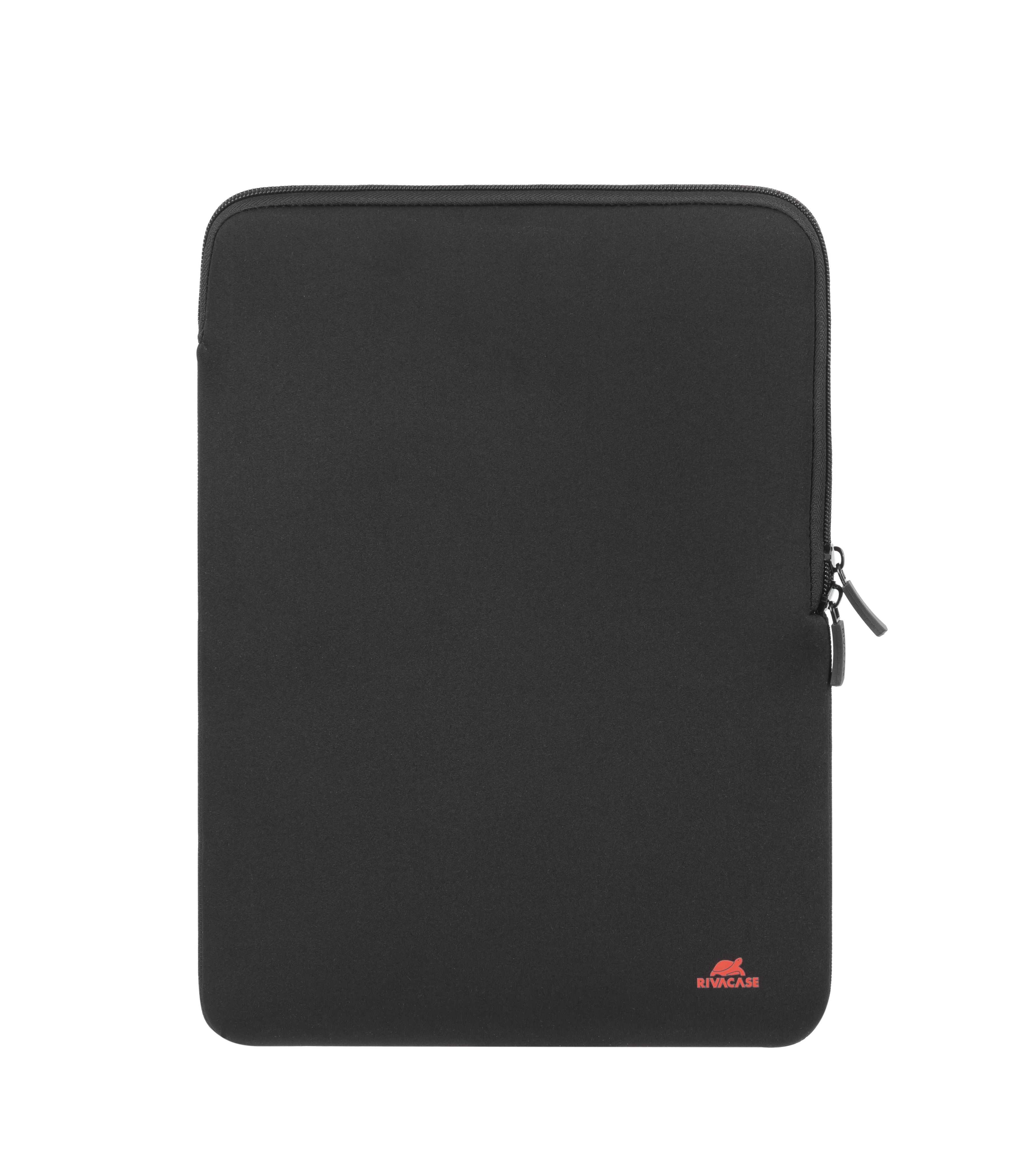 Schwarze Laptoptasche mit rotem Logo unten rechts. Reißverschluss an der Seite.
