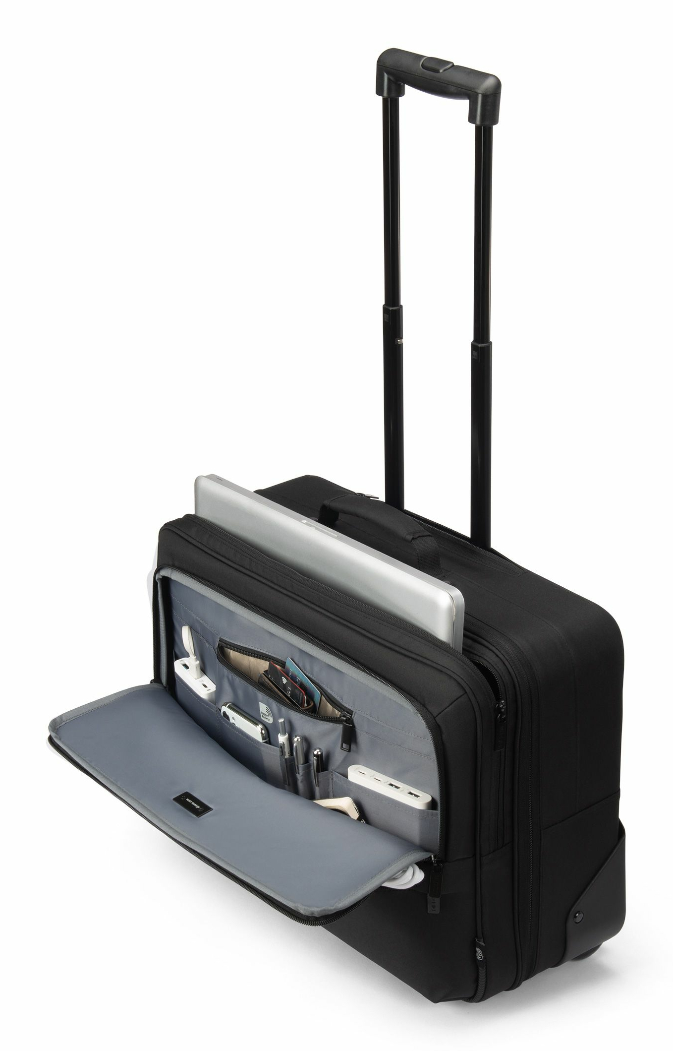 Borsone nero con rotelle, scomparto per laptop e tasche organizer.