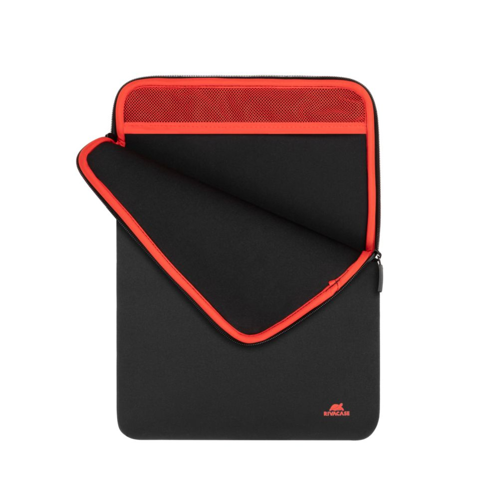 Schwarze Laptoptasche mit rotem Reißverschluss und Netzdetail oben.