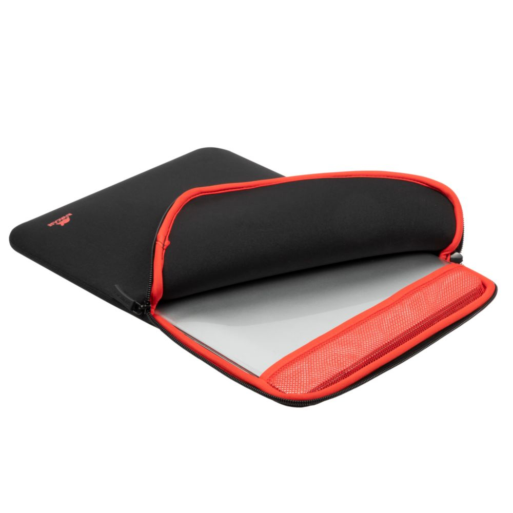 Schwarze Laptoptasche mit rotem Reißverschluss und Rand, halb geöffnet.