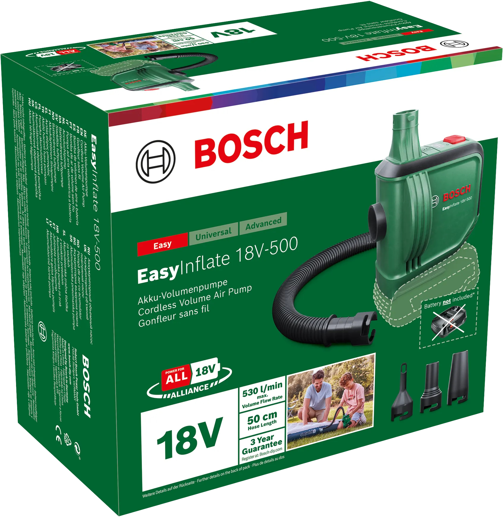 Zielona pompka powietrza Bosch EasyInflate 18V-500 z wężem i akcesoriami na pudełku.