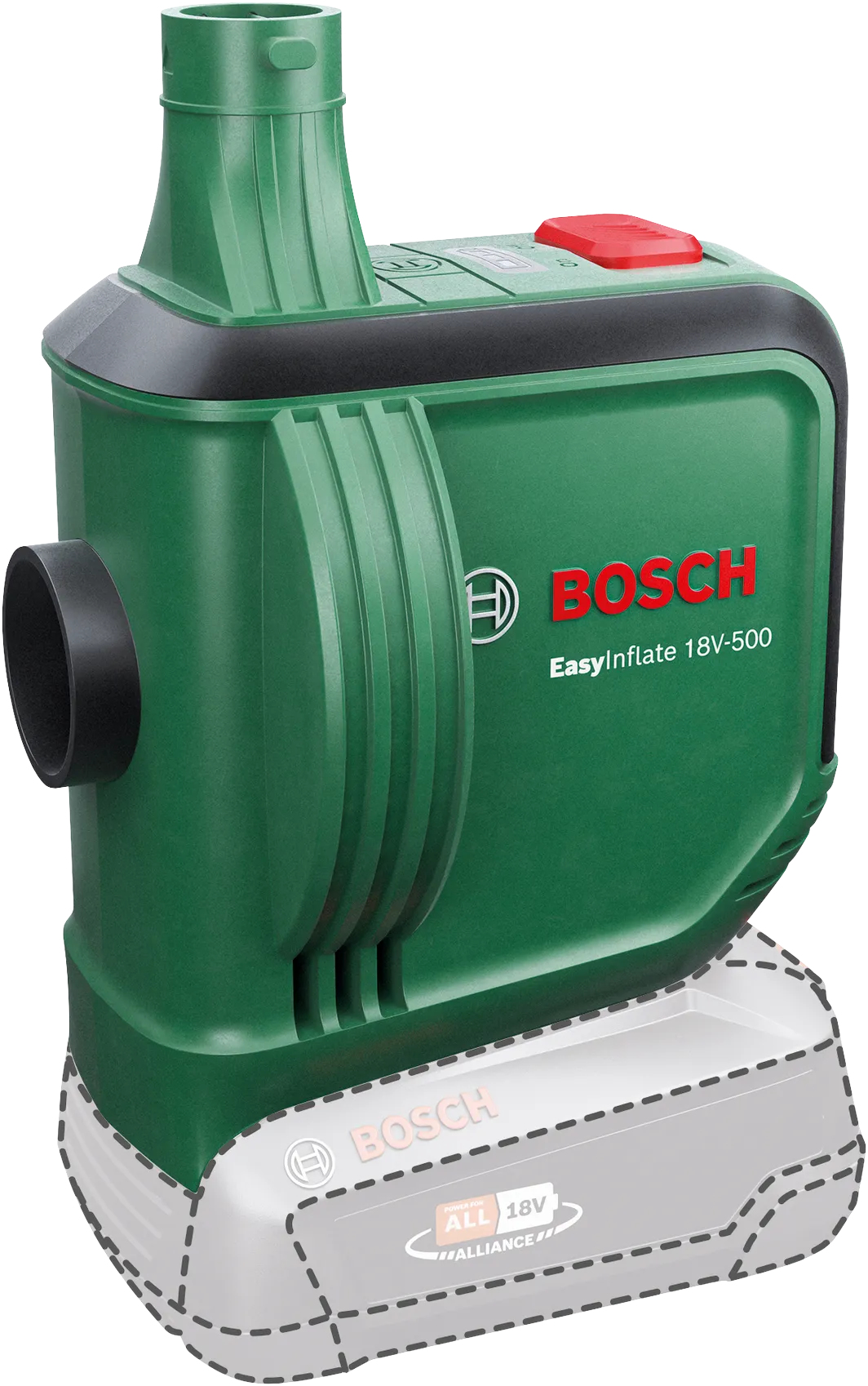 Zielona pompka Bosch EasyInflate 18V-500 z czerwonym przyciskiem i czarną dyszą.