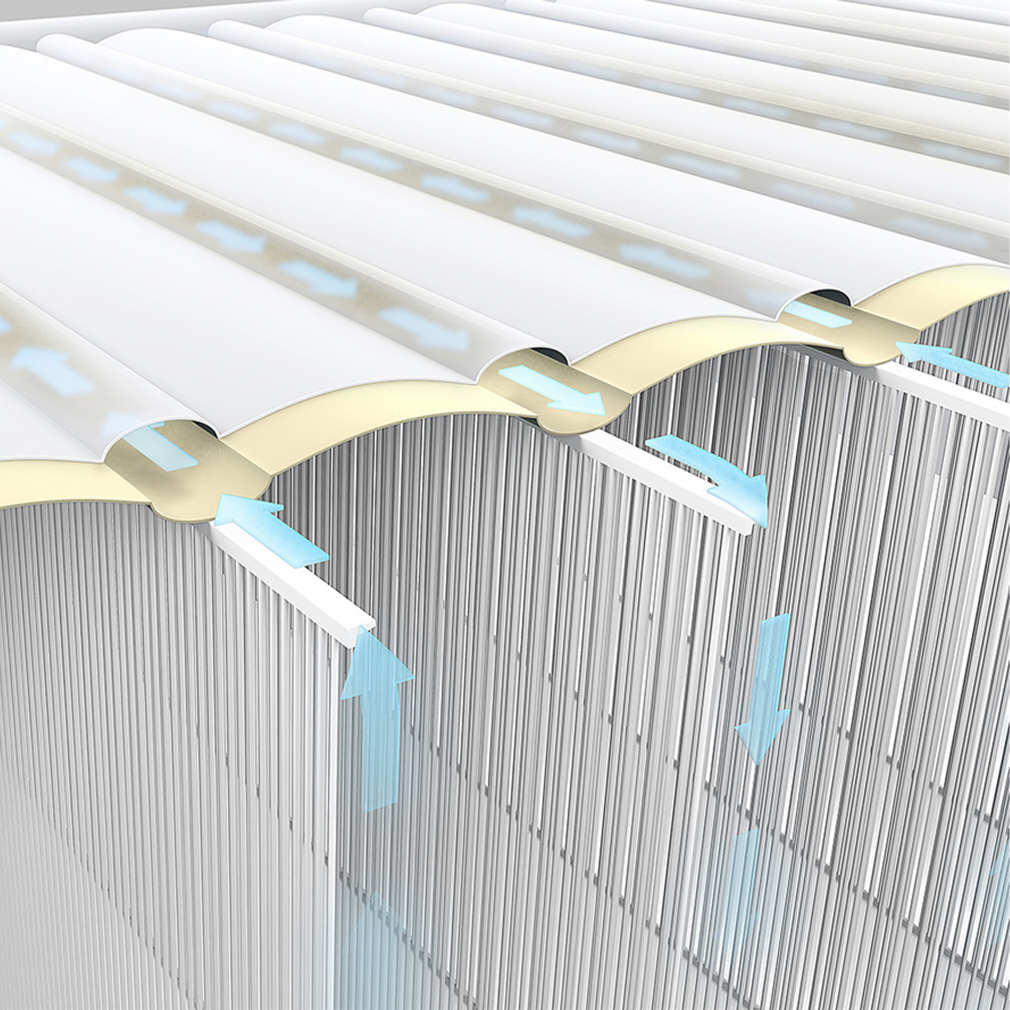 Estructura en capas con flechas que indican flujo de aire.
