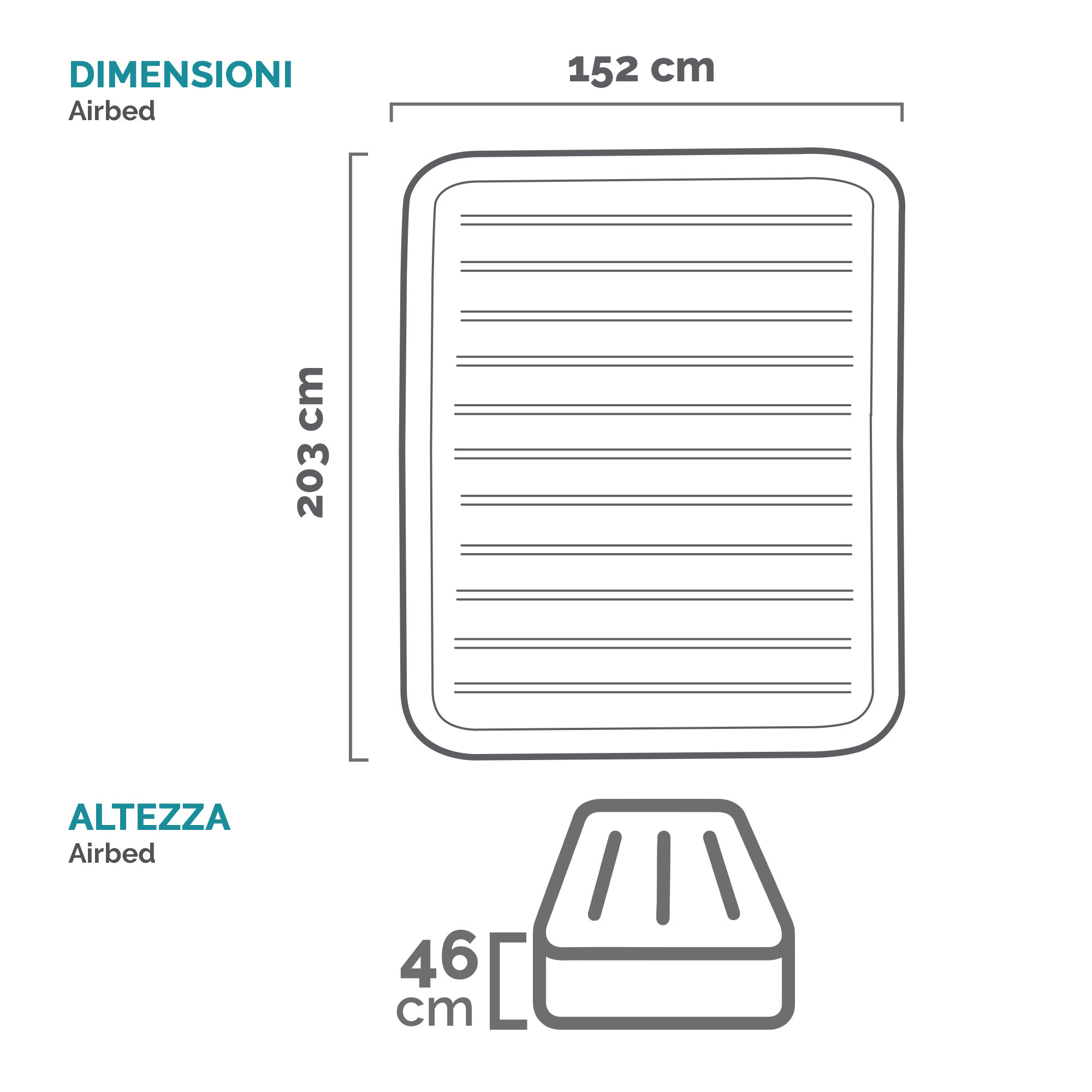Diagrama de un colchón inflable mostrando dimensiones: 152 cm ancho, 203 cm largo, 46 cm alto.