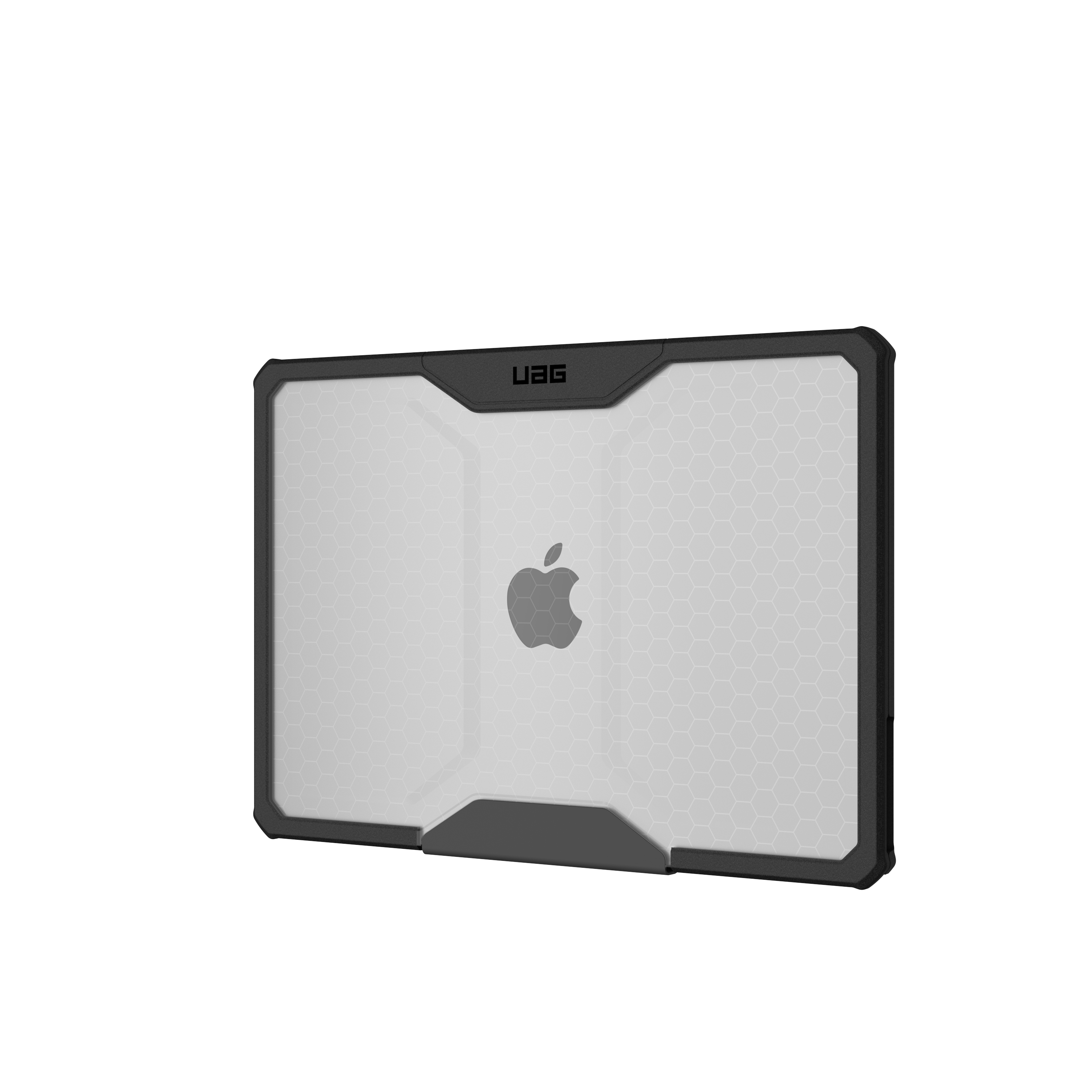 Czarne etui UAG do MacBooka z wzorem plastra miodu i logo na górze.
