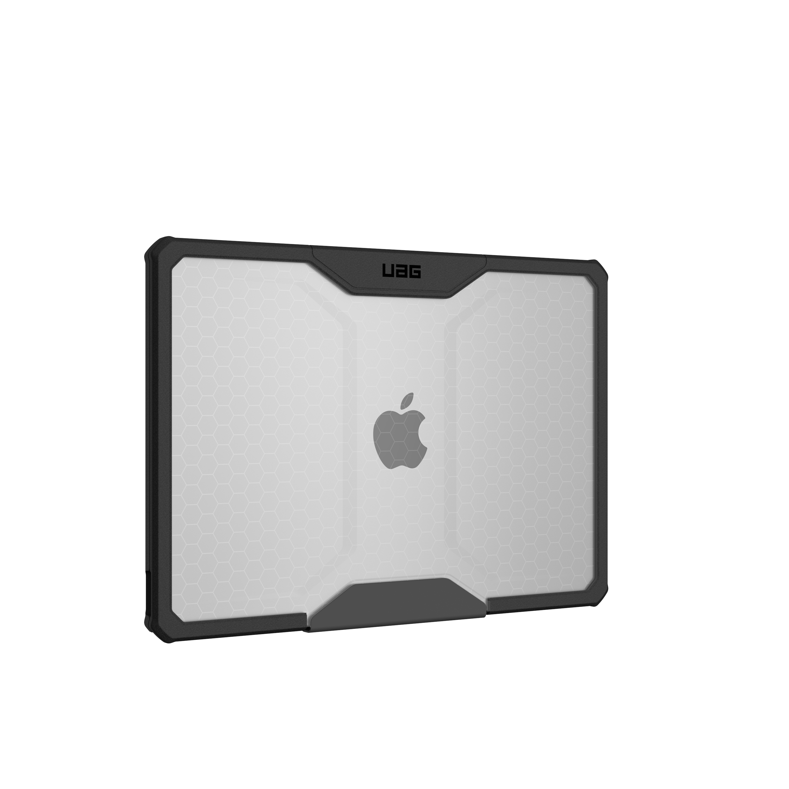 Czarna obudowa ochronna do MacBooka z przezroczystym tyłem i logo Apple.