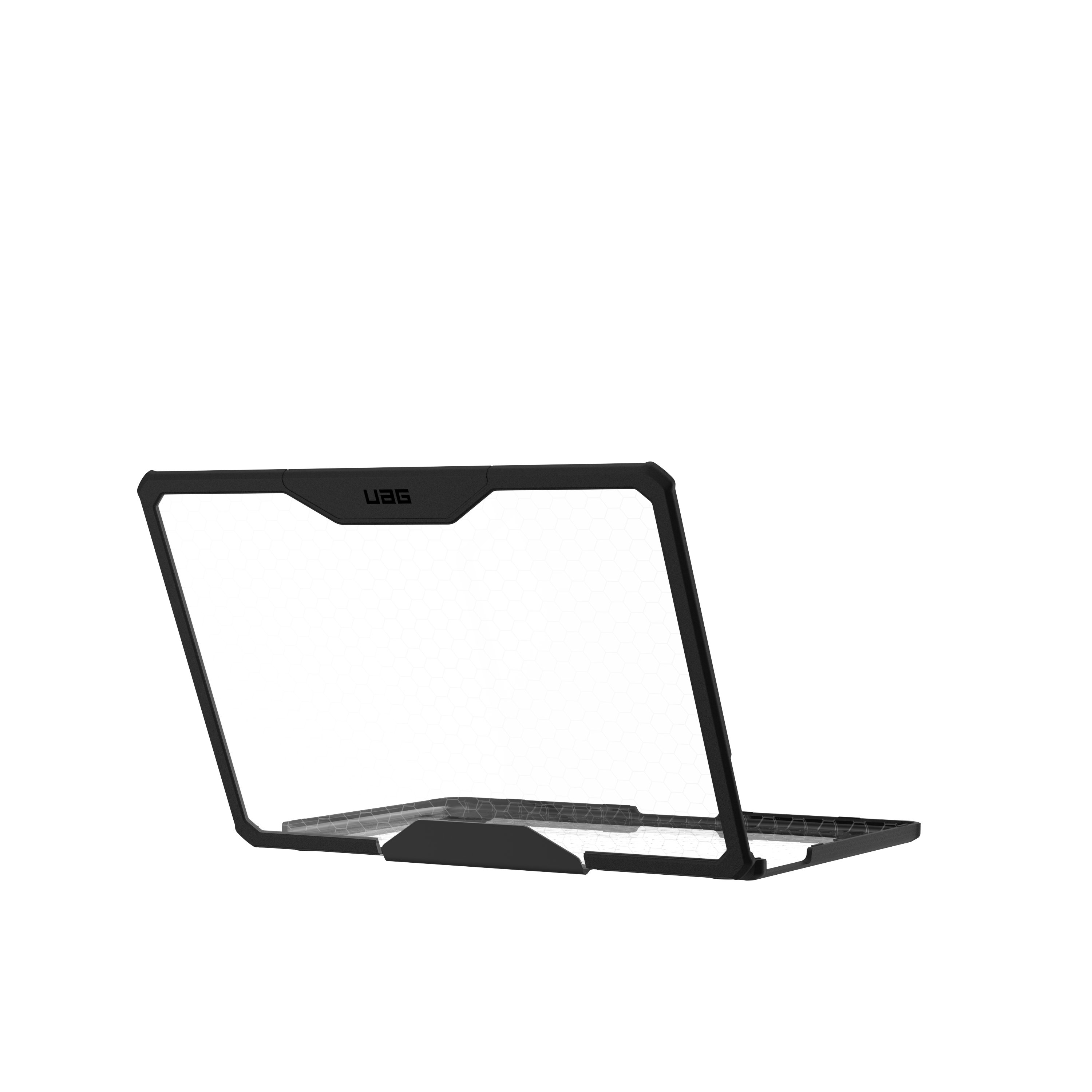 Czarna ramka ochronna do laptopa z wzorem plastra miodu na białym tle.