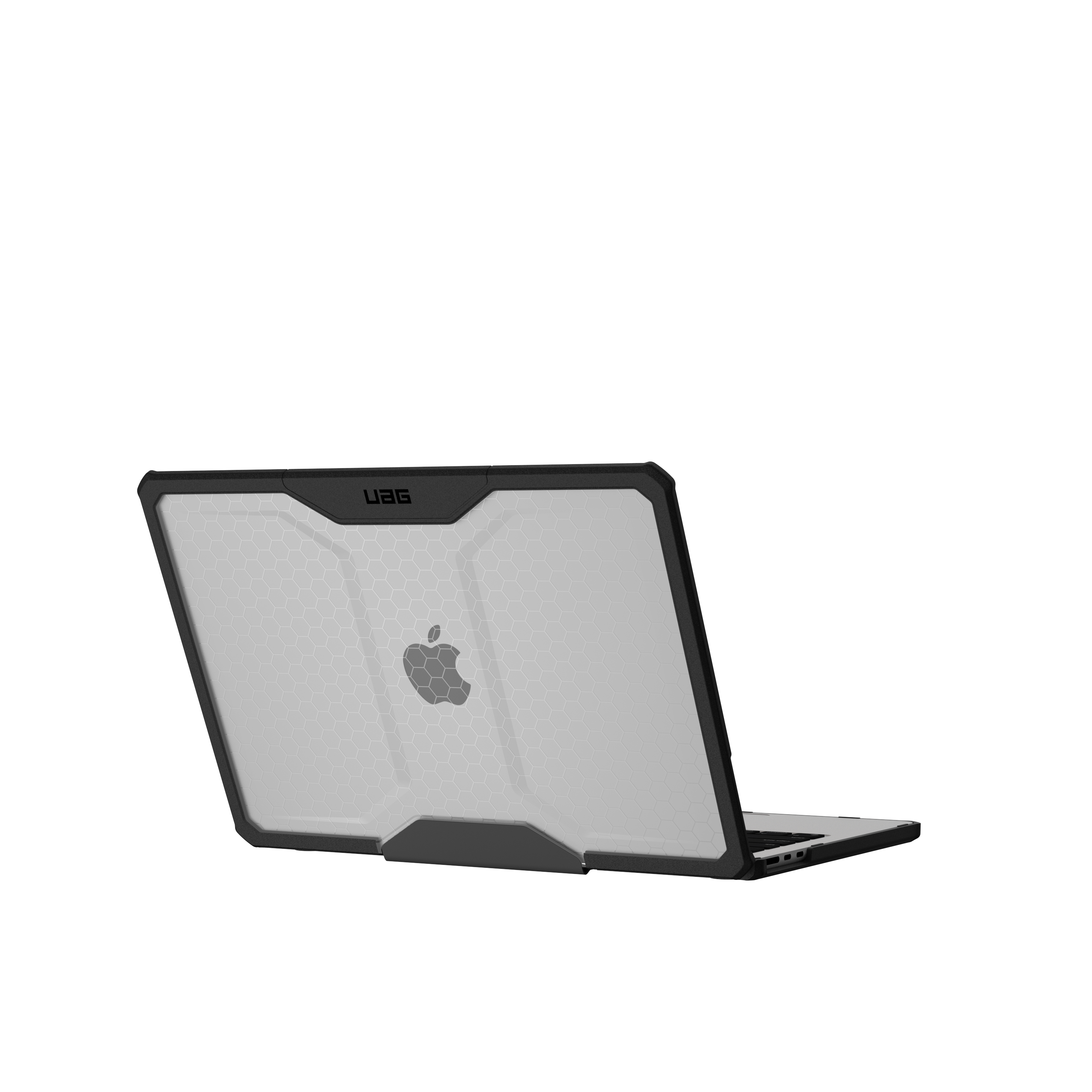 Laptop z srebrną obudową i czarną ramką ochronną.