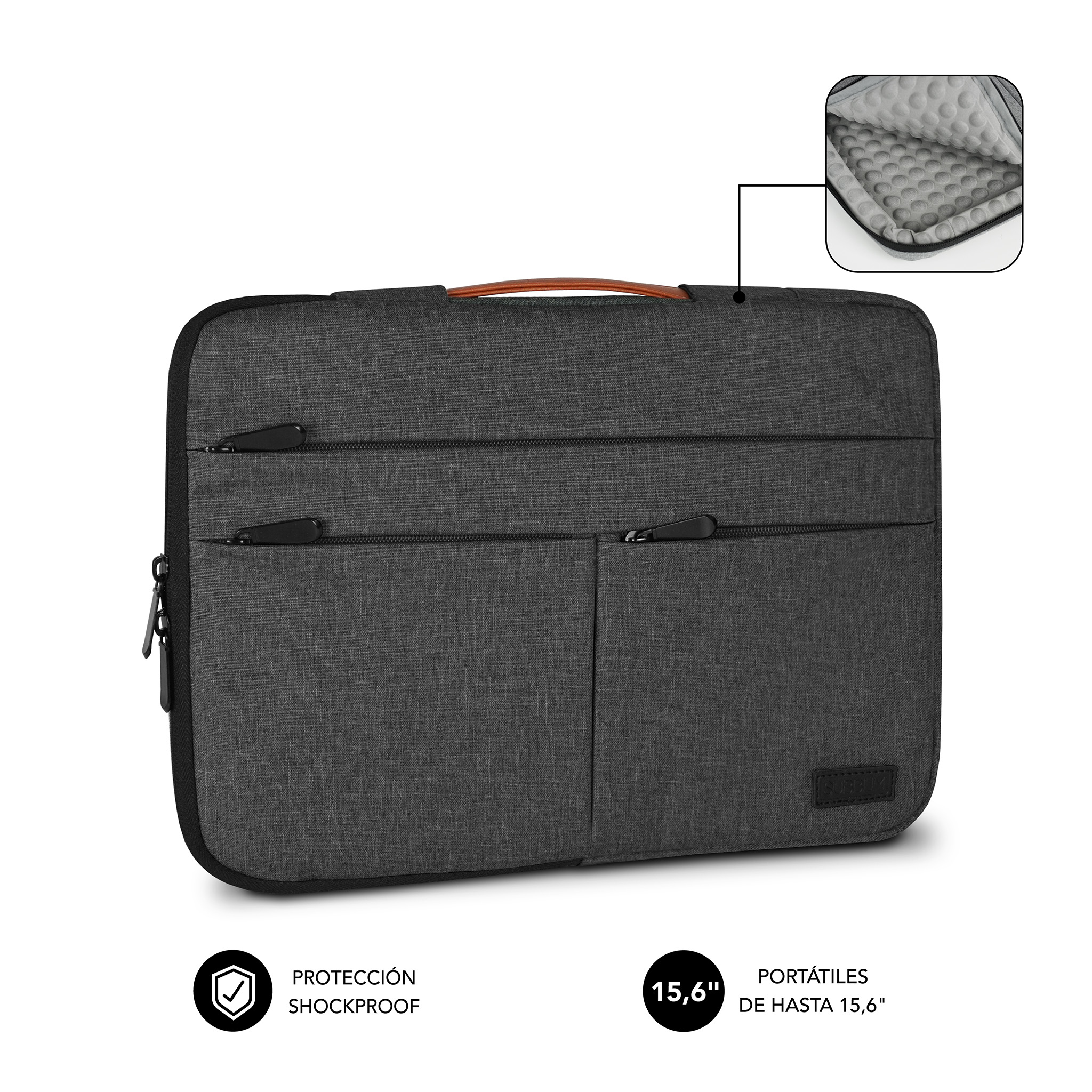 Funda gris oscura para portátil con asa de cuero y dos cremalleras. Interior acolchado.