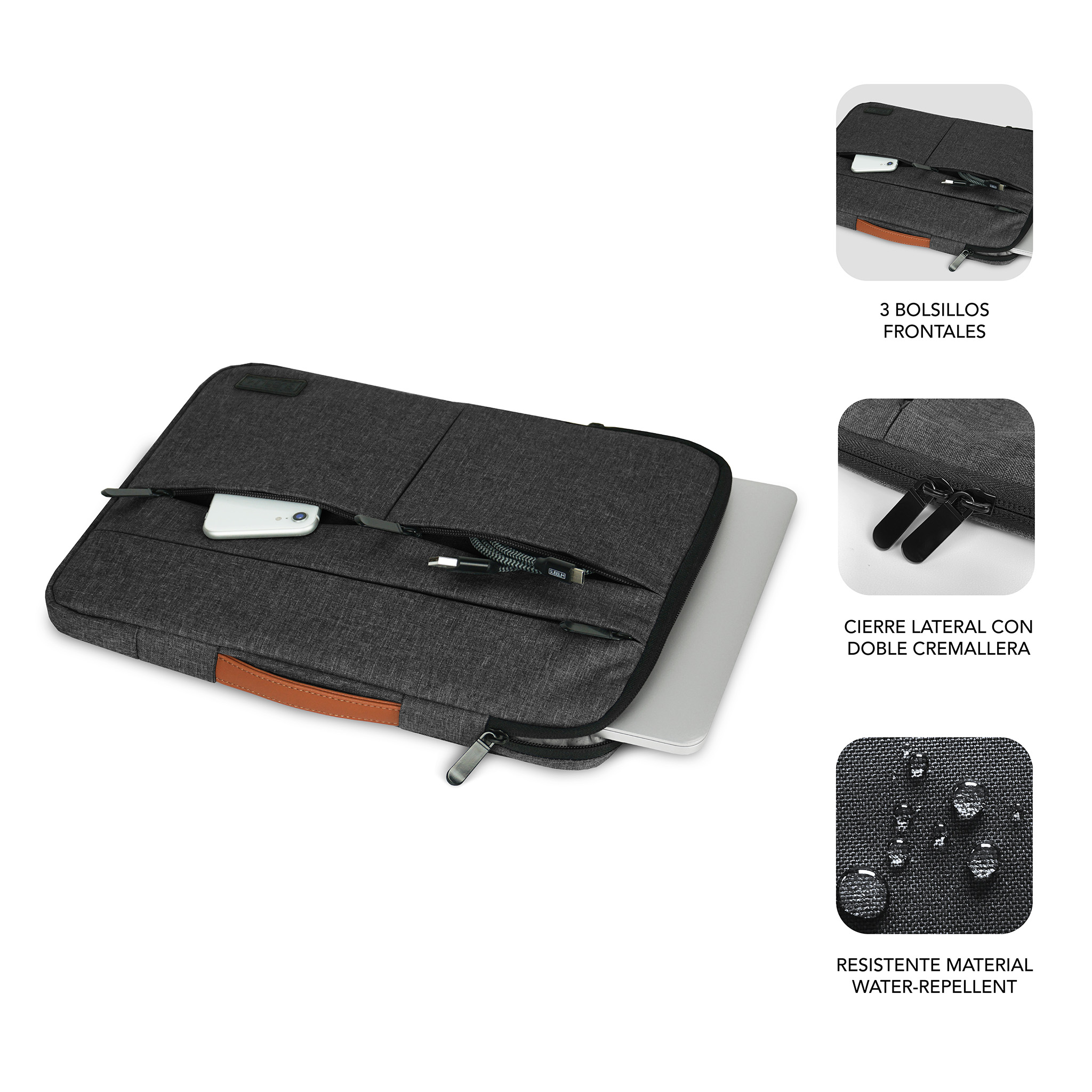 Custodia grigia scura per laptop con tasche frontali, telefono e laptop.