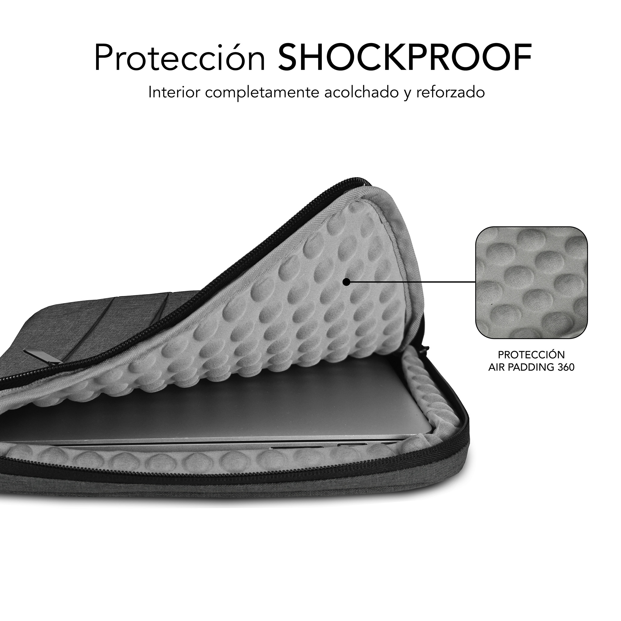 Custodia grigia per laptop con imbottitura antiurto e cerniera.