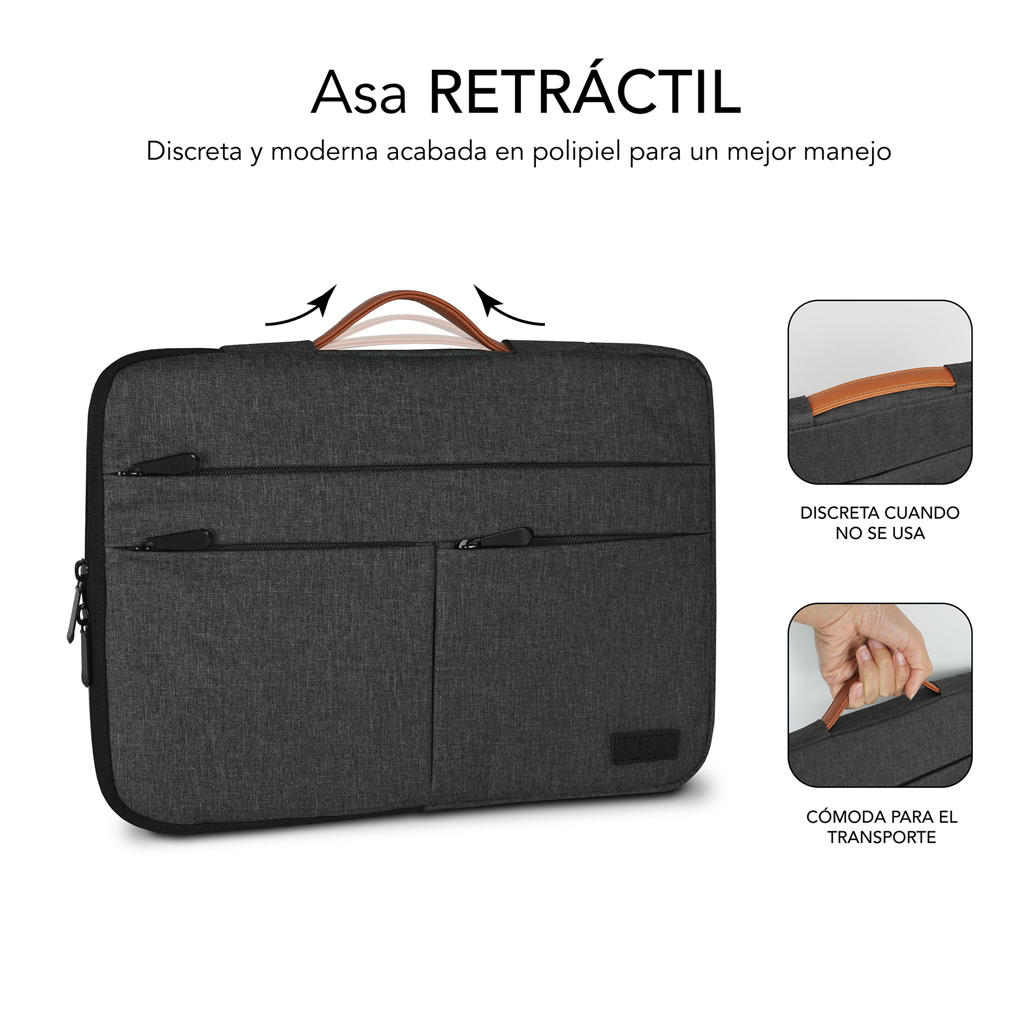 Borsa grigia per laptop con manico in pelle marrone, retrattile, con zip.