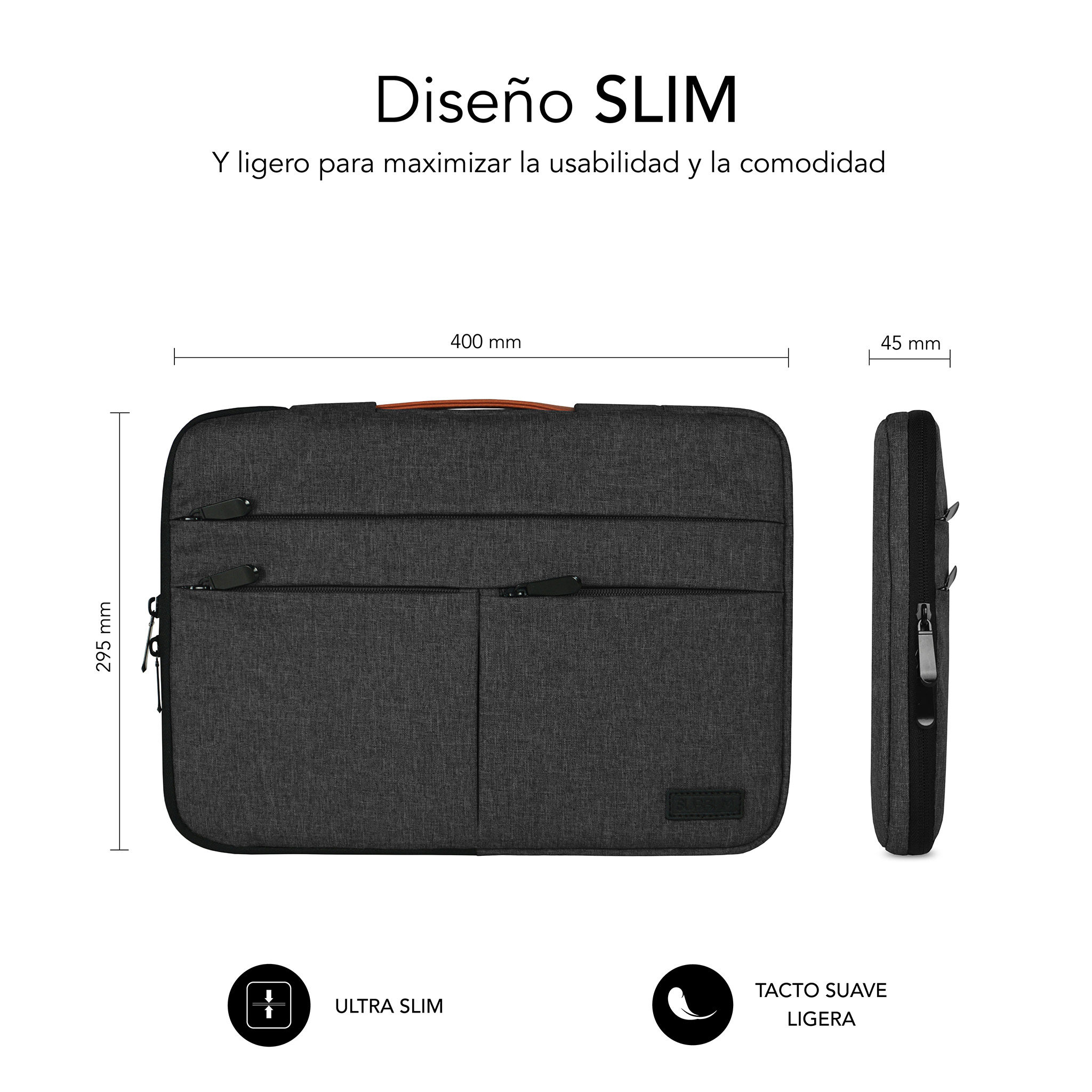 Funda gris oscura para portátil, 400x295x45mm, con cremalleras y dos bolsillos.